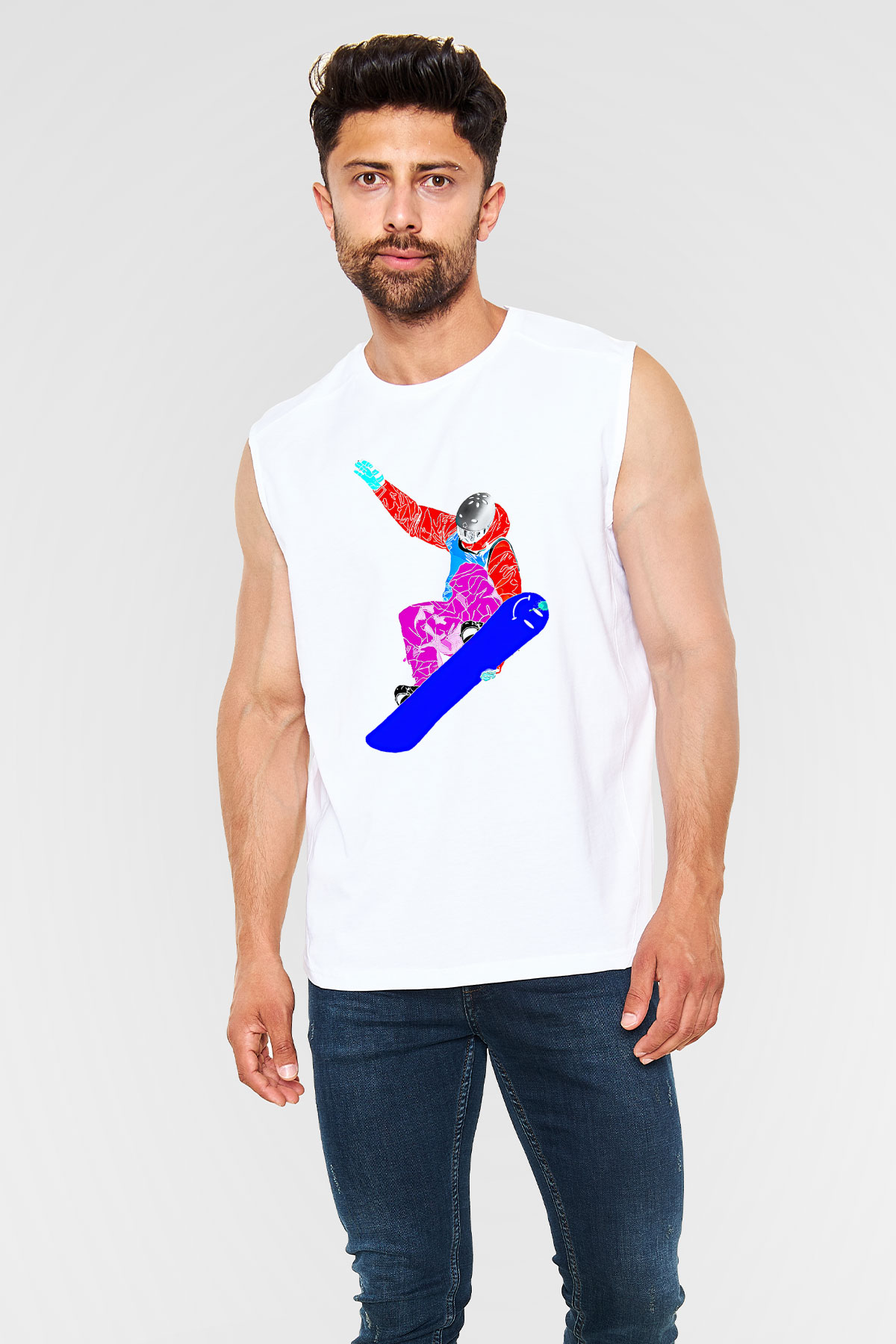 Snowboarding Baskılı Unisex Kolsuz Beyaz Tişört
