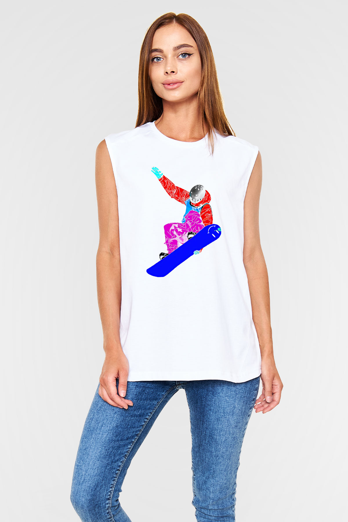 Snowboarding Baskılı Unisex Kolsuz Beyaz Tişört