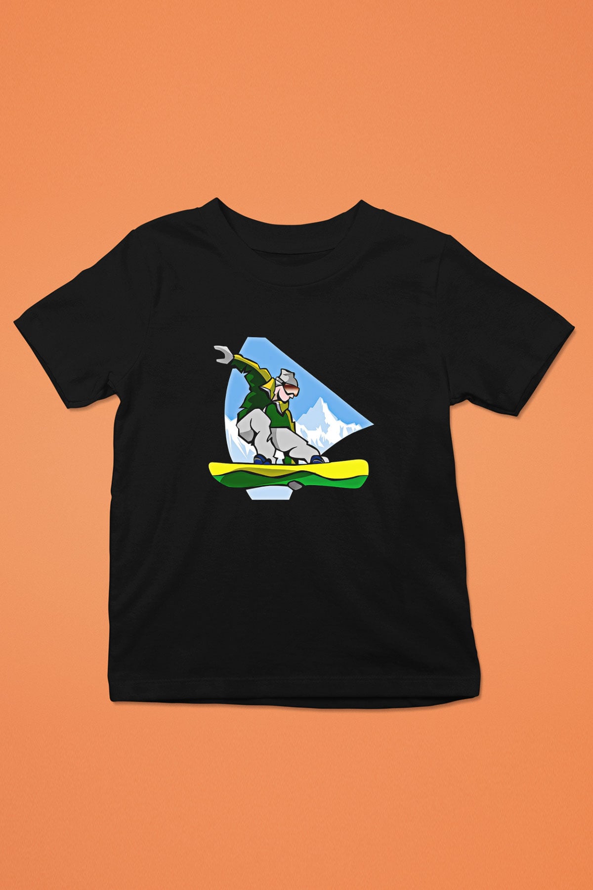 Snowboarding Baskılı Unisex Siyah Çocuk Tİşörtü - Tshirt