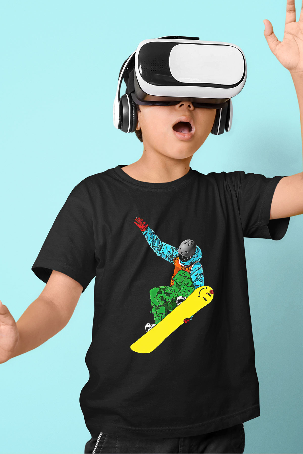 Snowboarding Baskılı Unisex Siyah Çocuk Tİşörtü - Tshirt