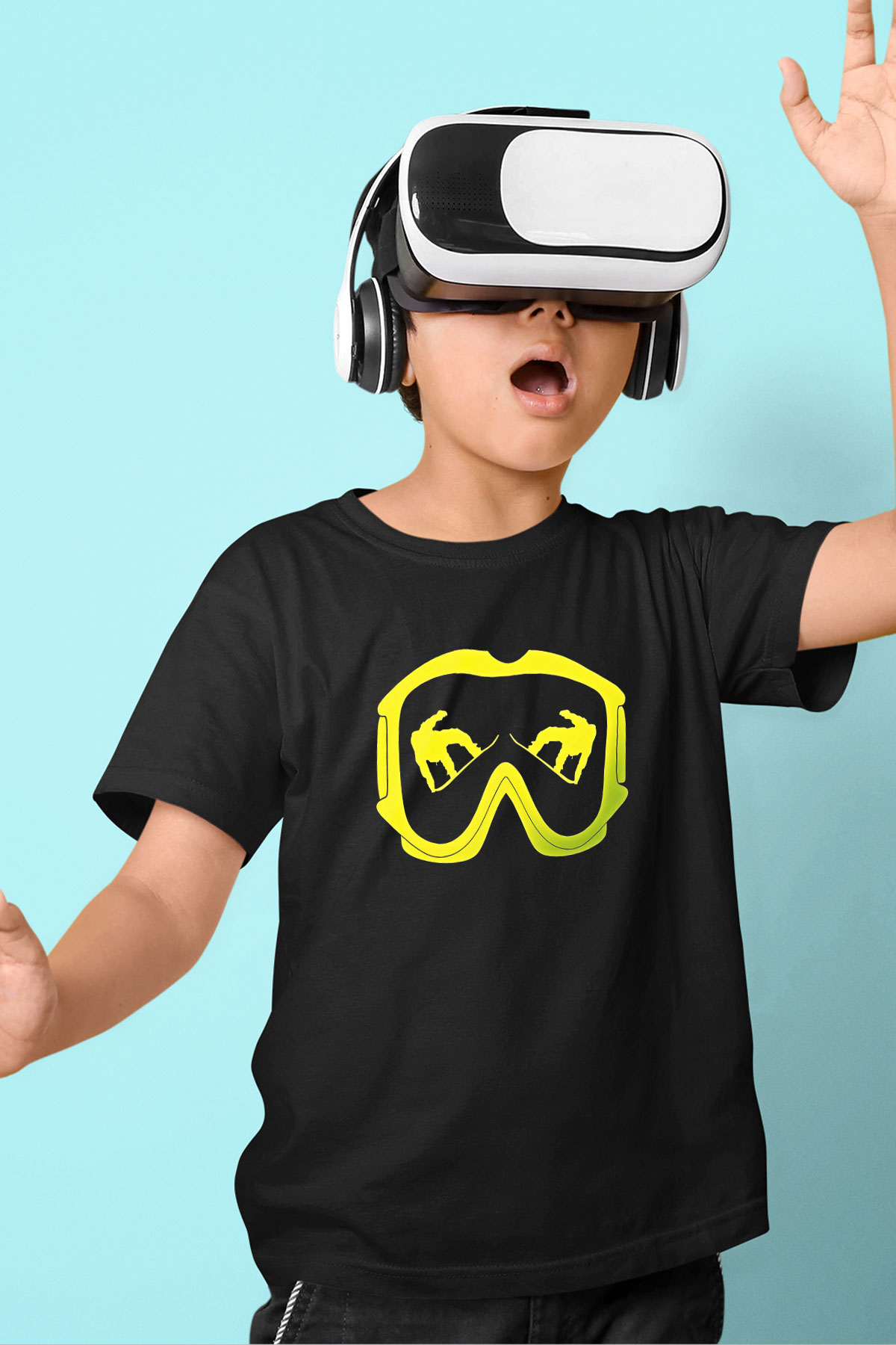 Snowboarding Baskılı Unisex Siyah Çocuk Tİşörtü - Tshirt