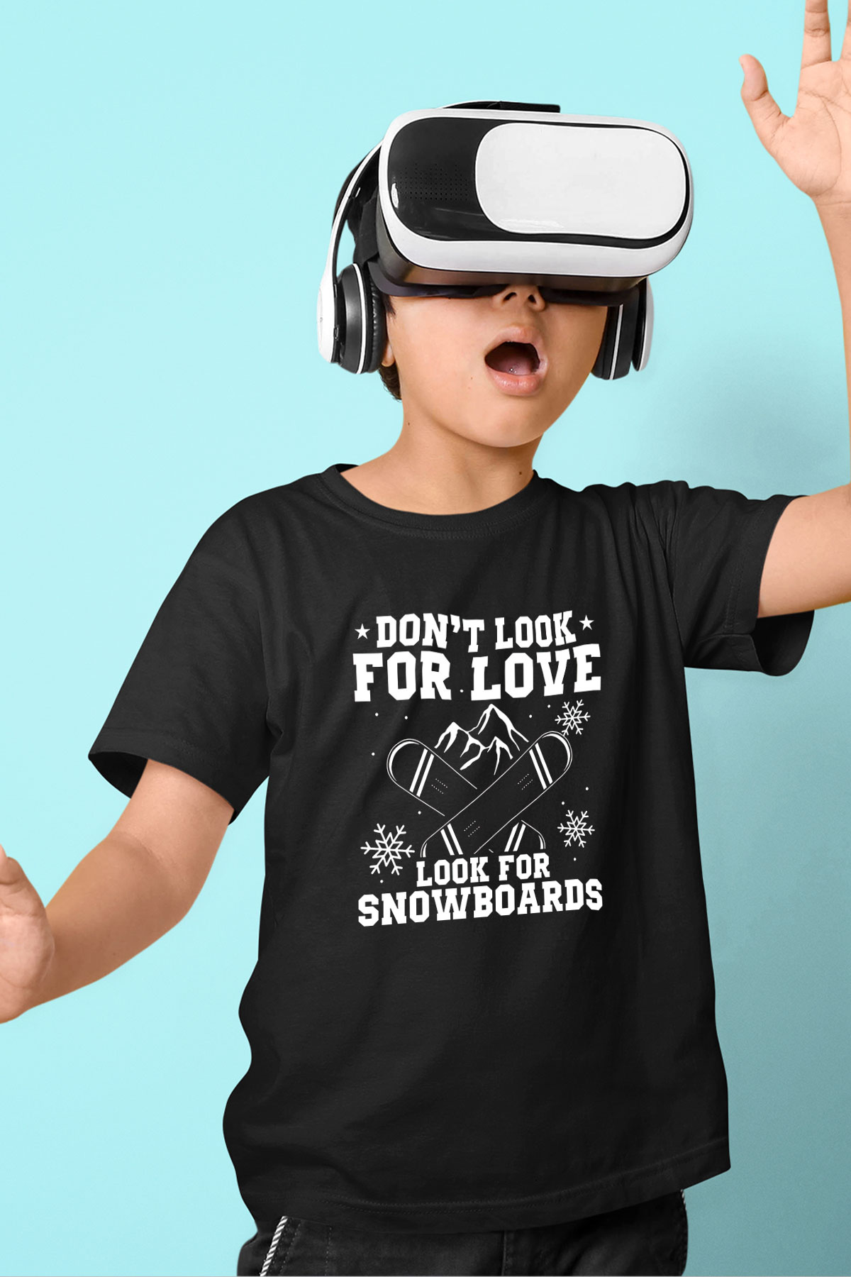 Snowboarding Baskılı Unisex Siyah Çocuk Tİşörtü - Tshirt