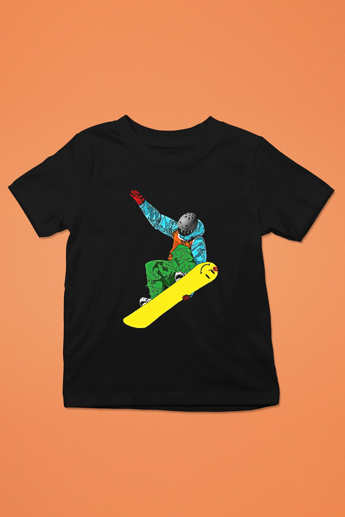 Snowboarding Baskılı Unisex Siyah Çocuk Tİşörtü - Tshirt