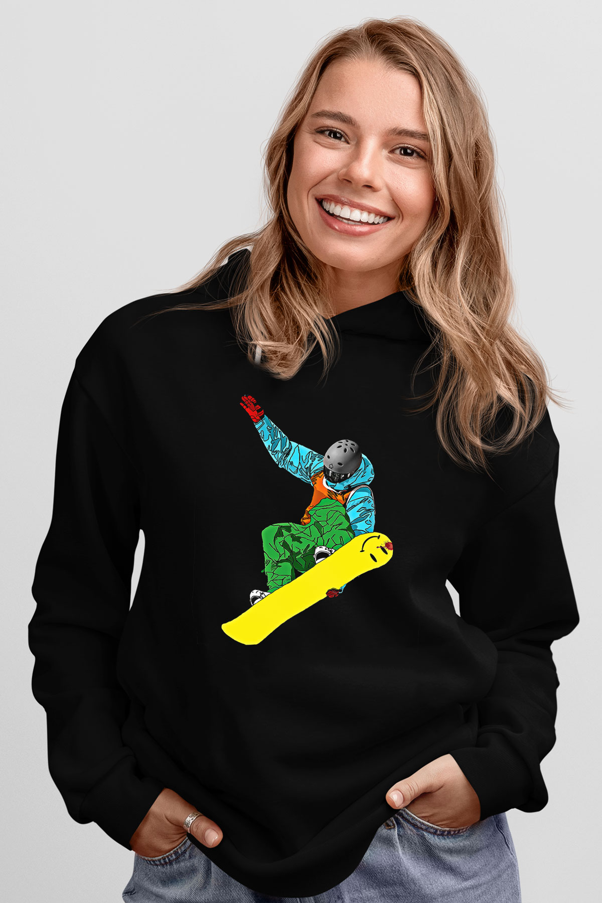 Snowboarding Baskılı Unisex Siyah Kapüşonlu Sweatshirt