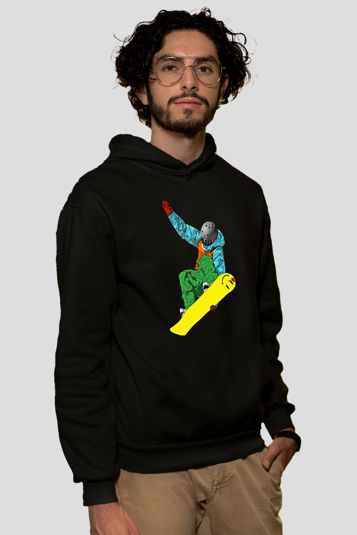 Snowboarding Baskılı Unisex Siyah Kapüşonlu Sweatshirt
