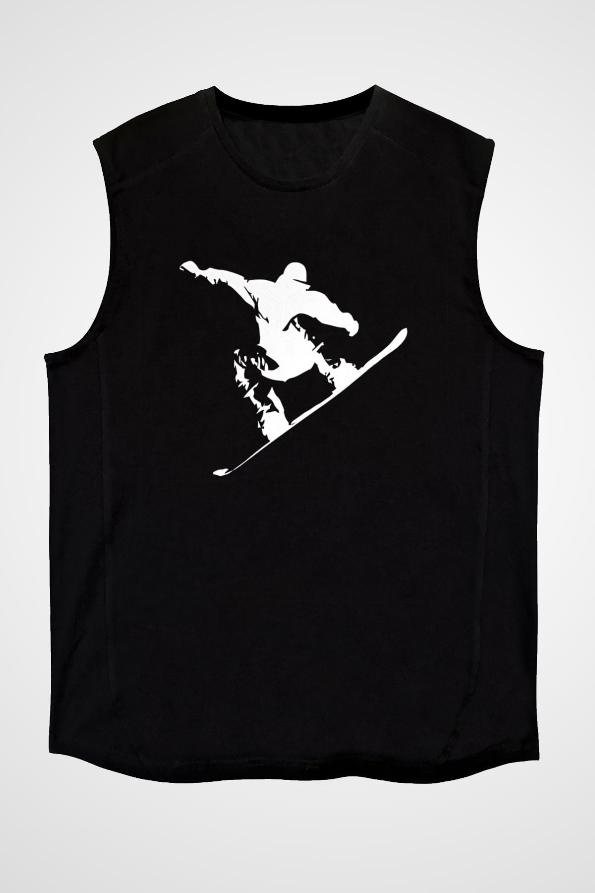 Snowboarding Baskılı Unisex Siyah Kolsuz Tişört