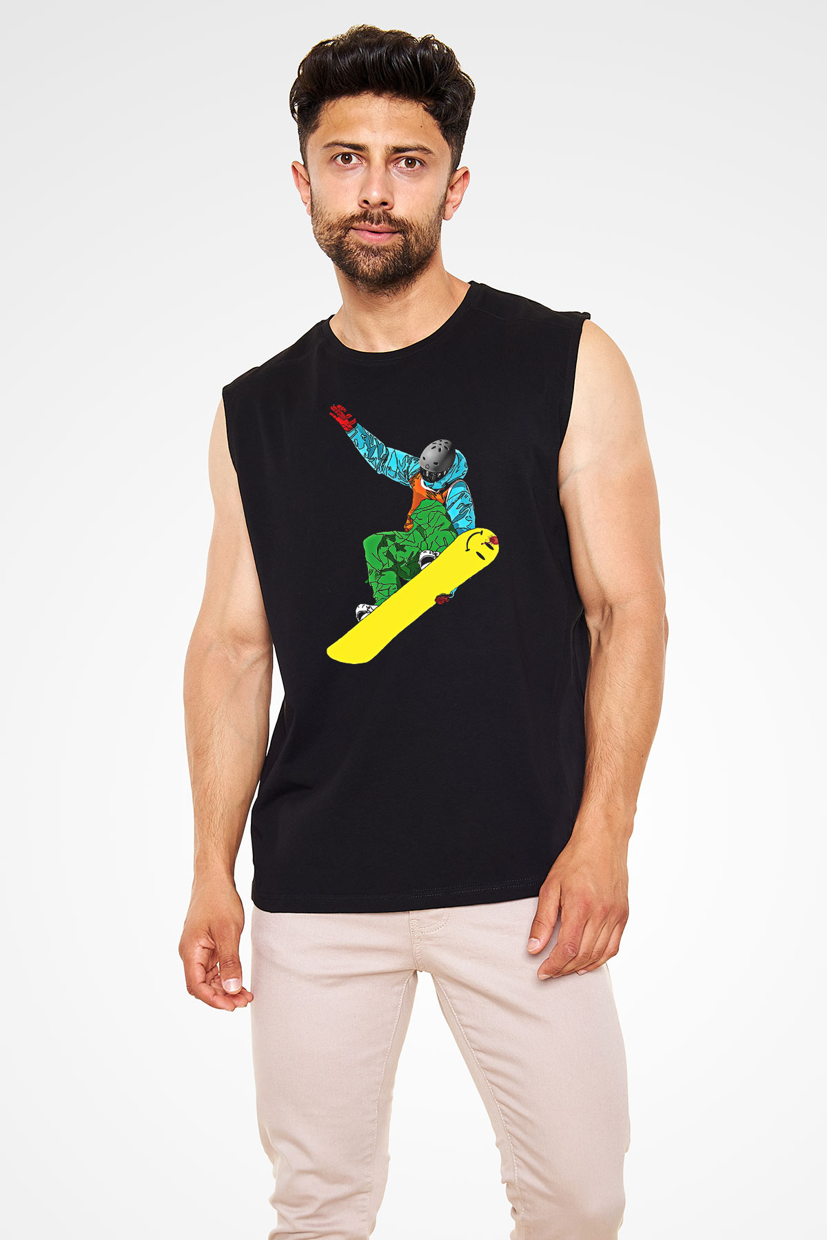 Snowboarding Baskılı Unisex Siyah Kolsuz Tişört