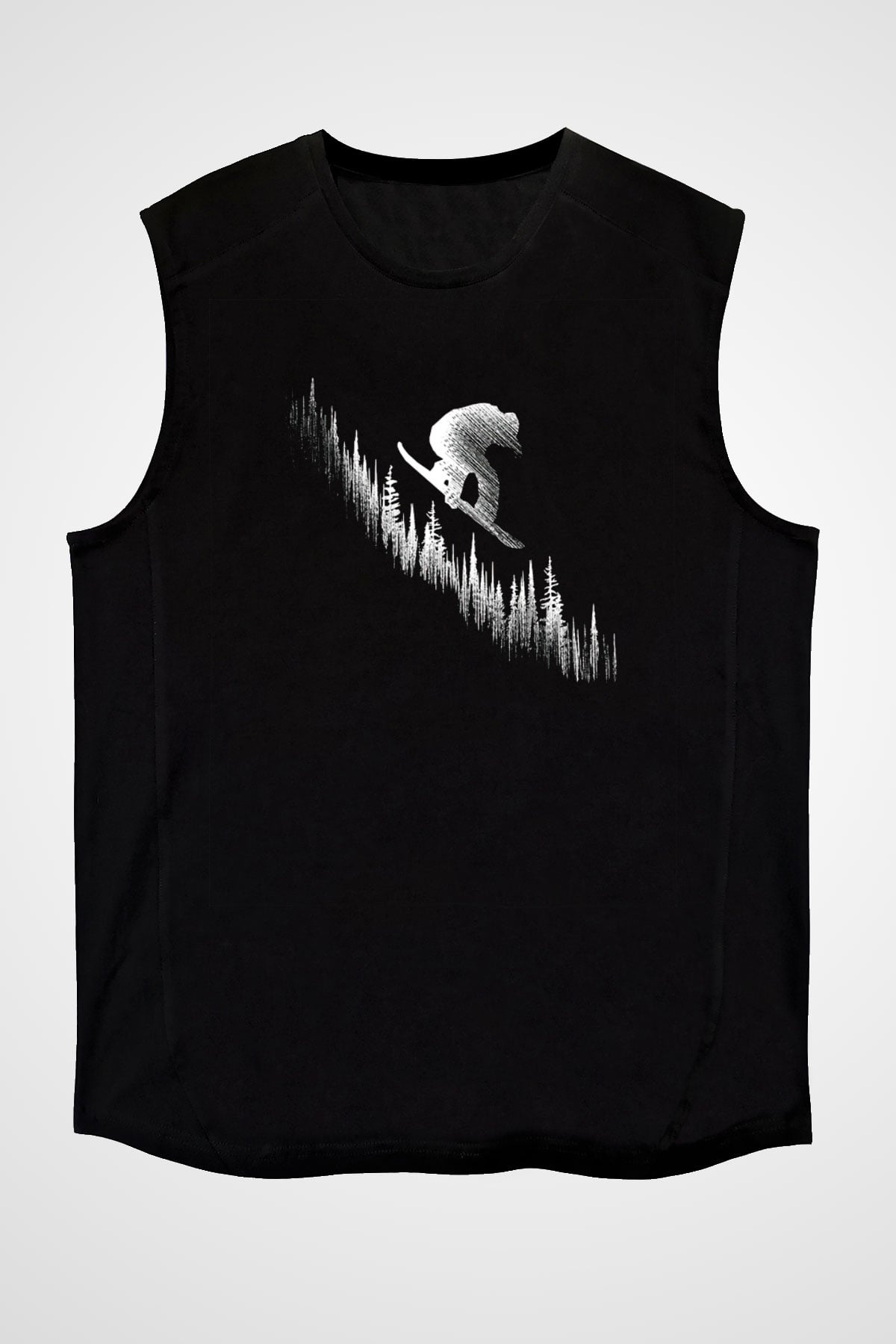 Snowboarding Baskılı Unisex Siyah Kolsuz Tişört