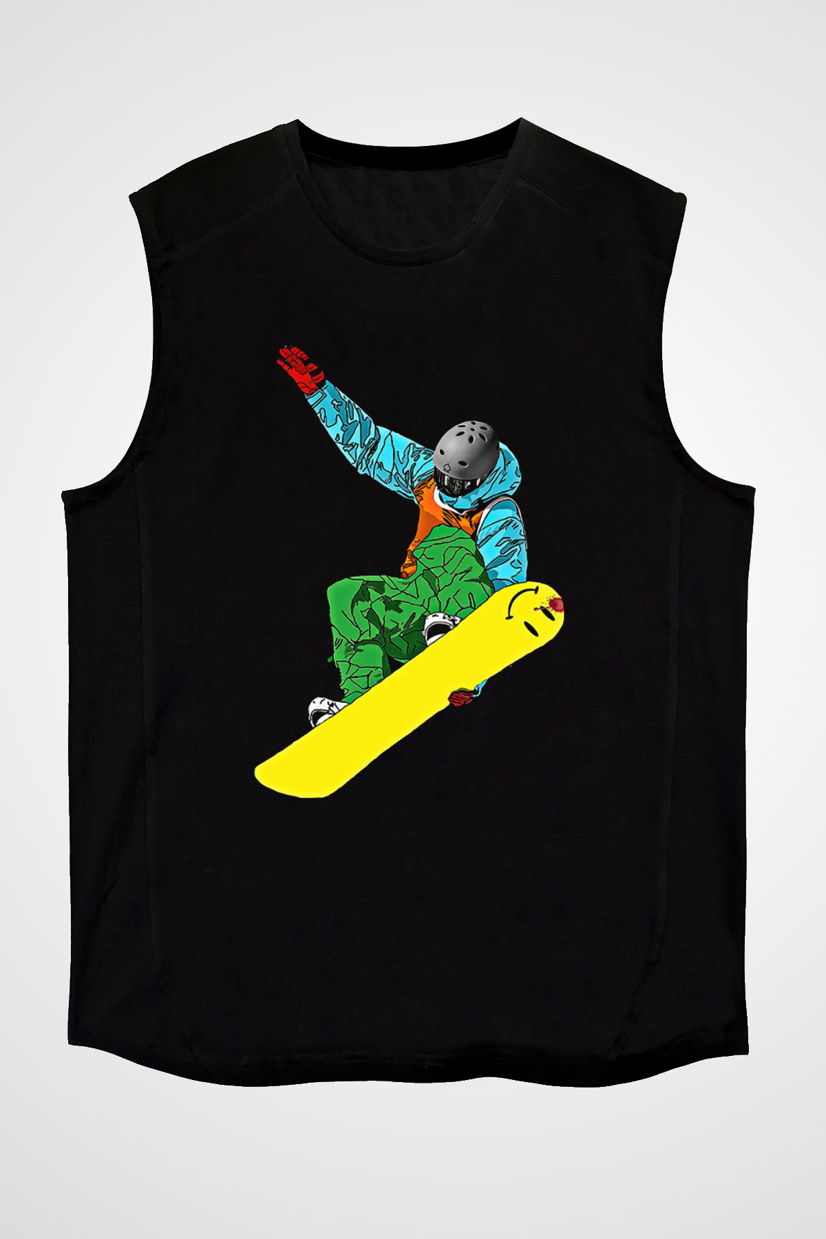 Snowboarding Baskılı Unisex Siyah Kolsuz Tişört
