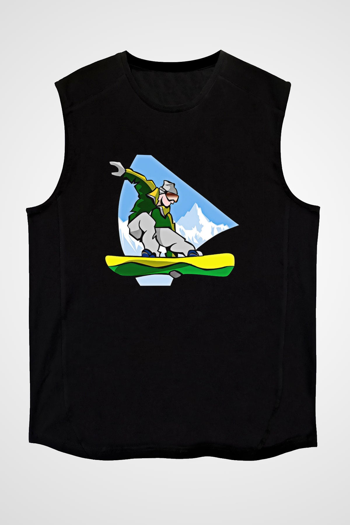 Snowboarding Baskılı Unisex Siyah Kolsuz Tişört