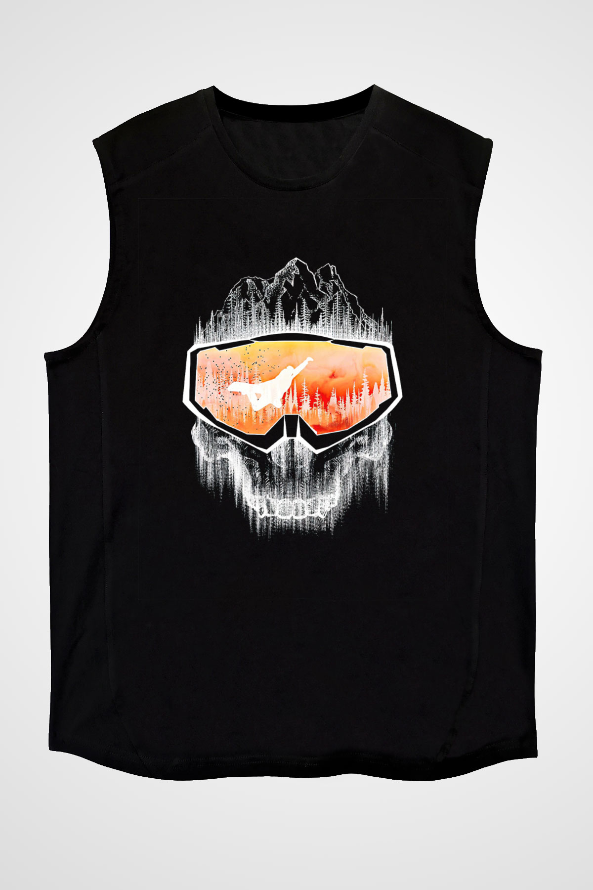 Snowboarding Baskılı Unisex Siyah Kolsuz Tişört