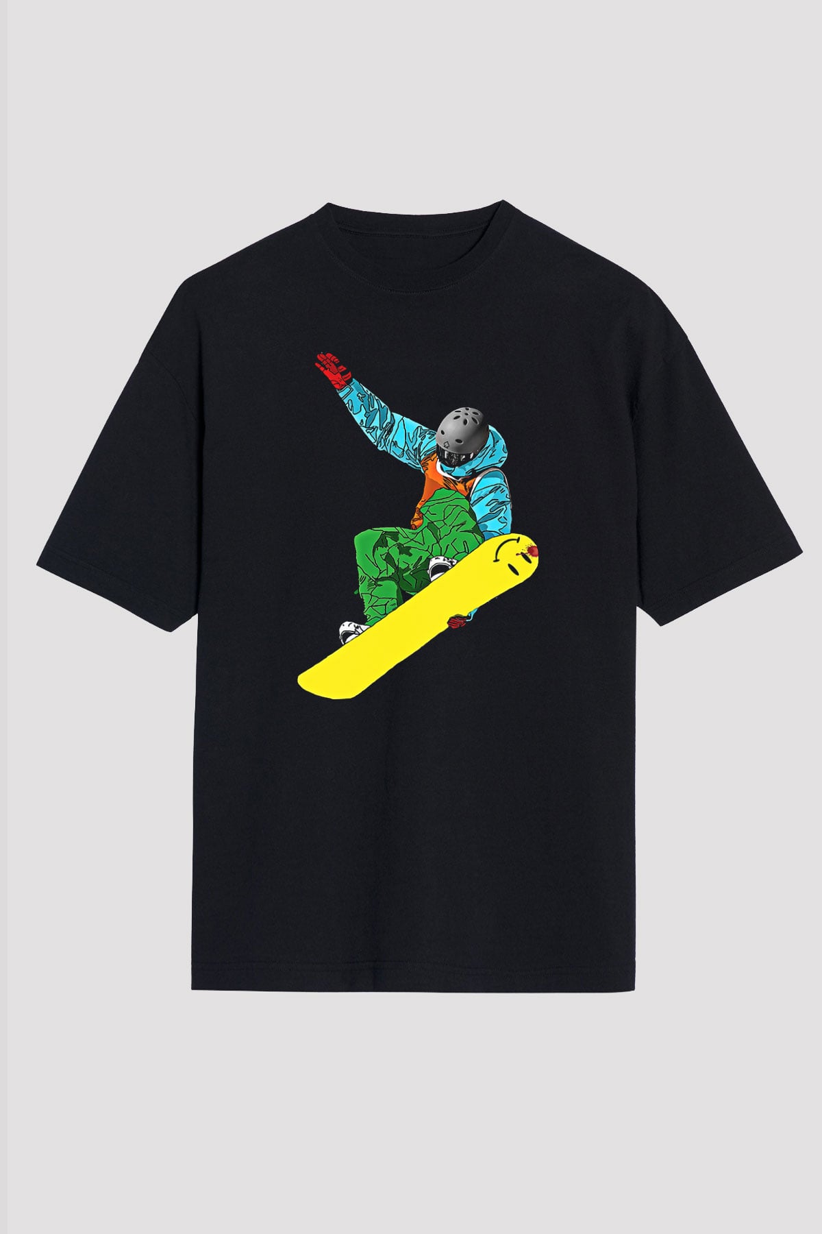 Snowboarding Baskılı Unisex Siyah Oversize Tişört