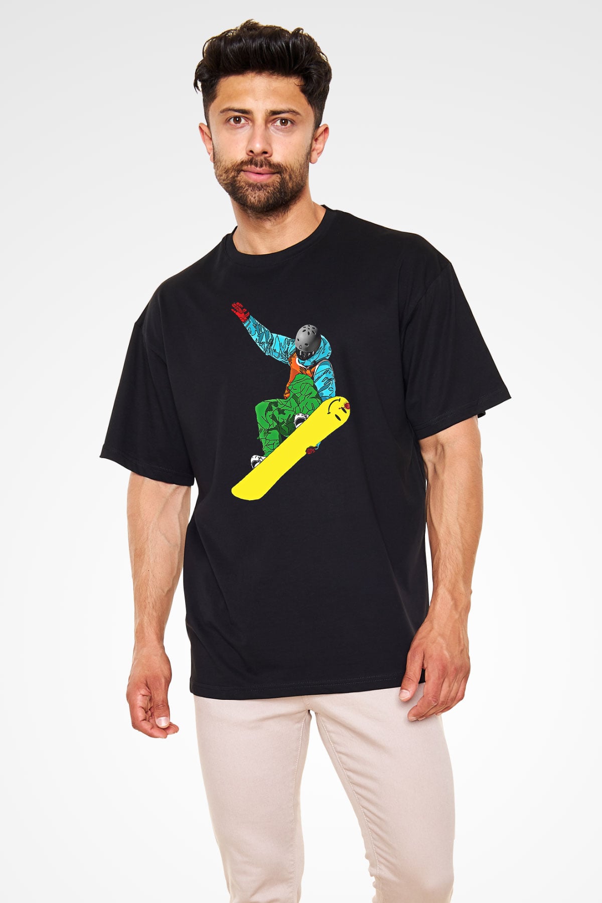 Snowboarding Baskılı Unisex Siyah Oversize Tişört