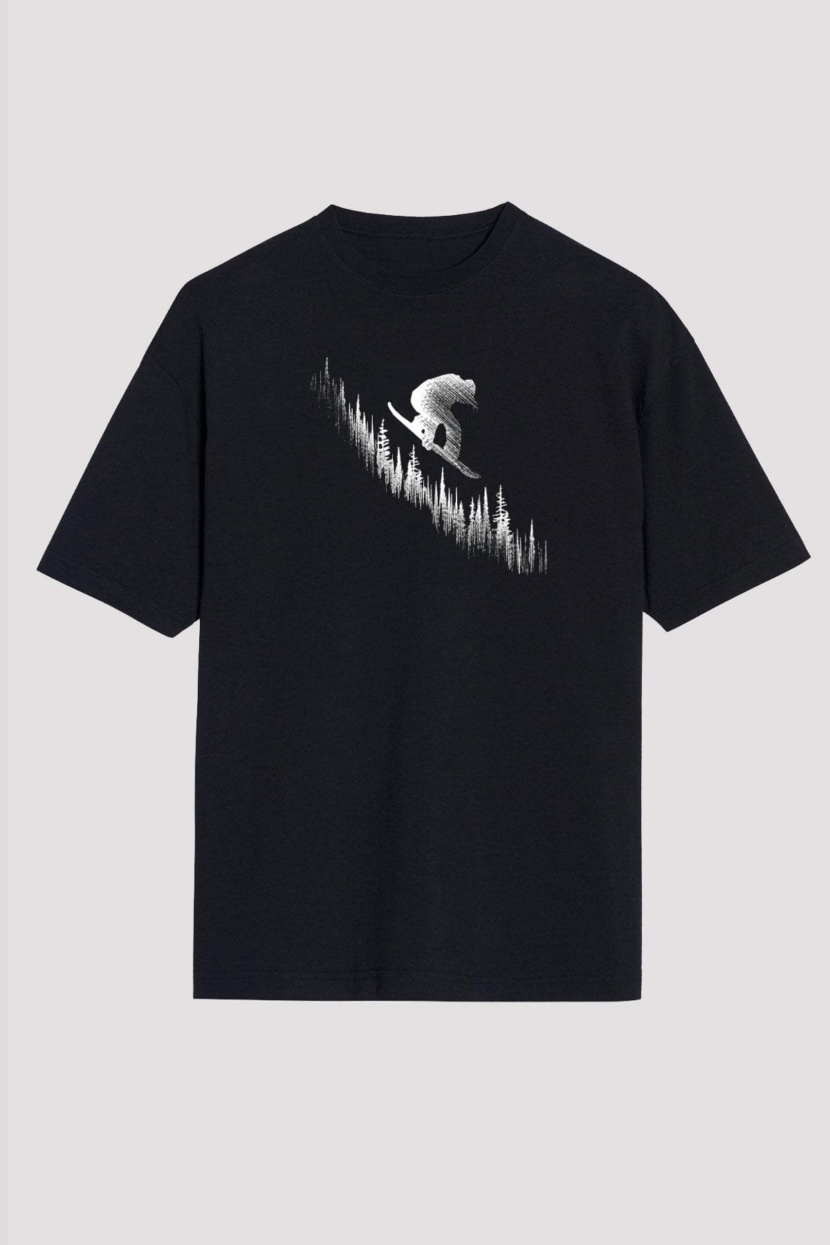 Snowboarding Baskılı Unisex Siyah Oversize Tişört