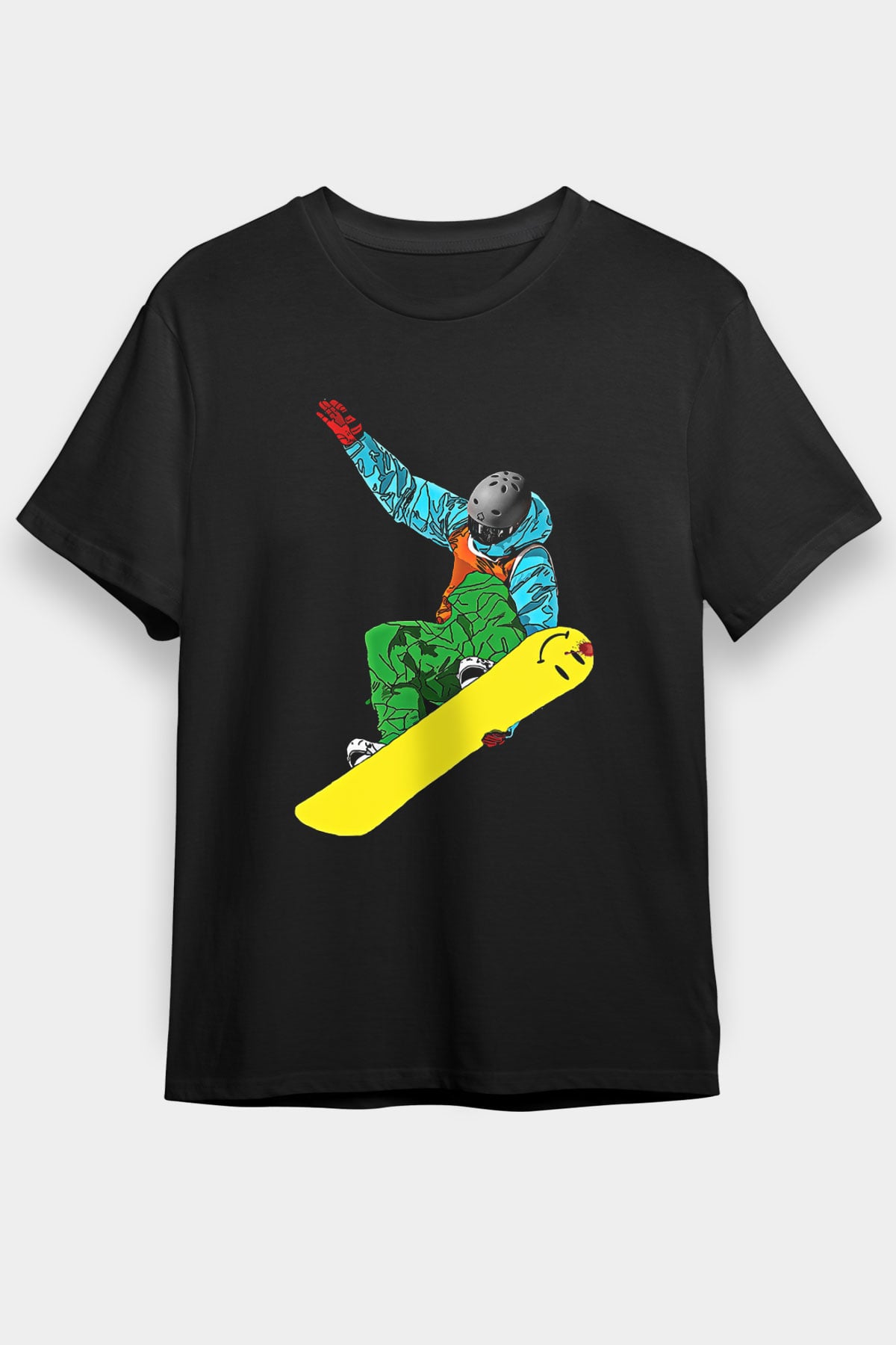 Snowboarding Baskılı Unisex Siyah Tişört - Tshirt