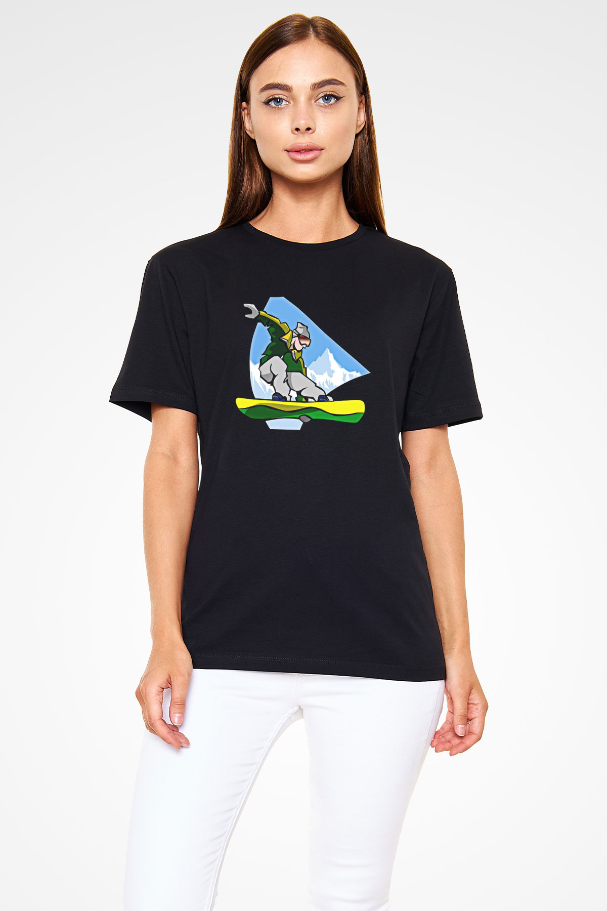 Snowboarding Baskılı Unisex Siyah Tişört - Tshirt