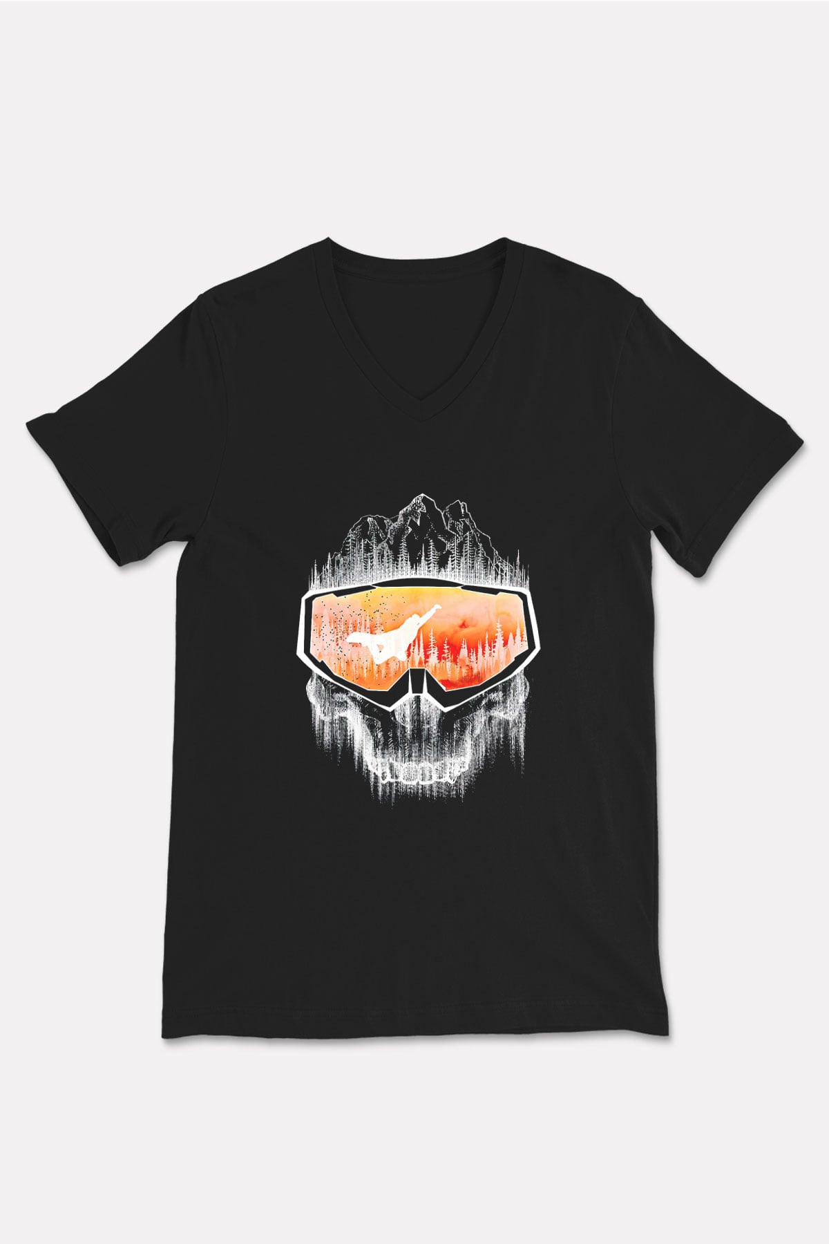 Snowboarding Baskılı Unisex Siyah V Yaka Tişört