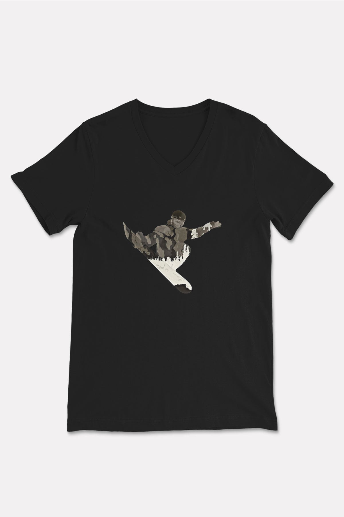 Snowboarding Baskılı Unisex Siyah V Yaka Tişört