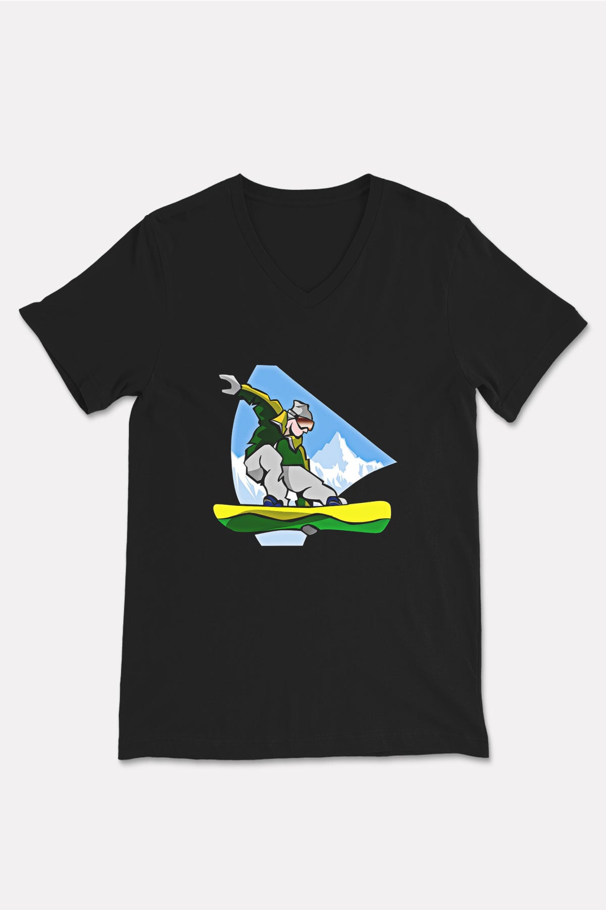 Snowboarding Baskılı Unisex Siyah V Yaka Tişört