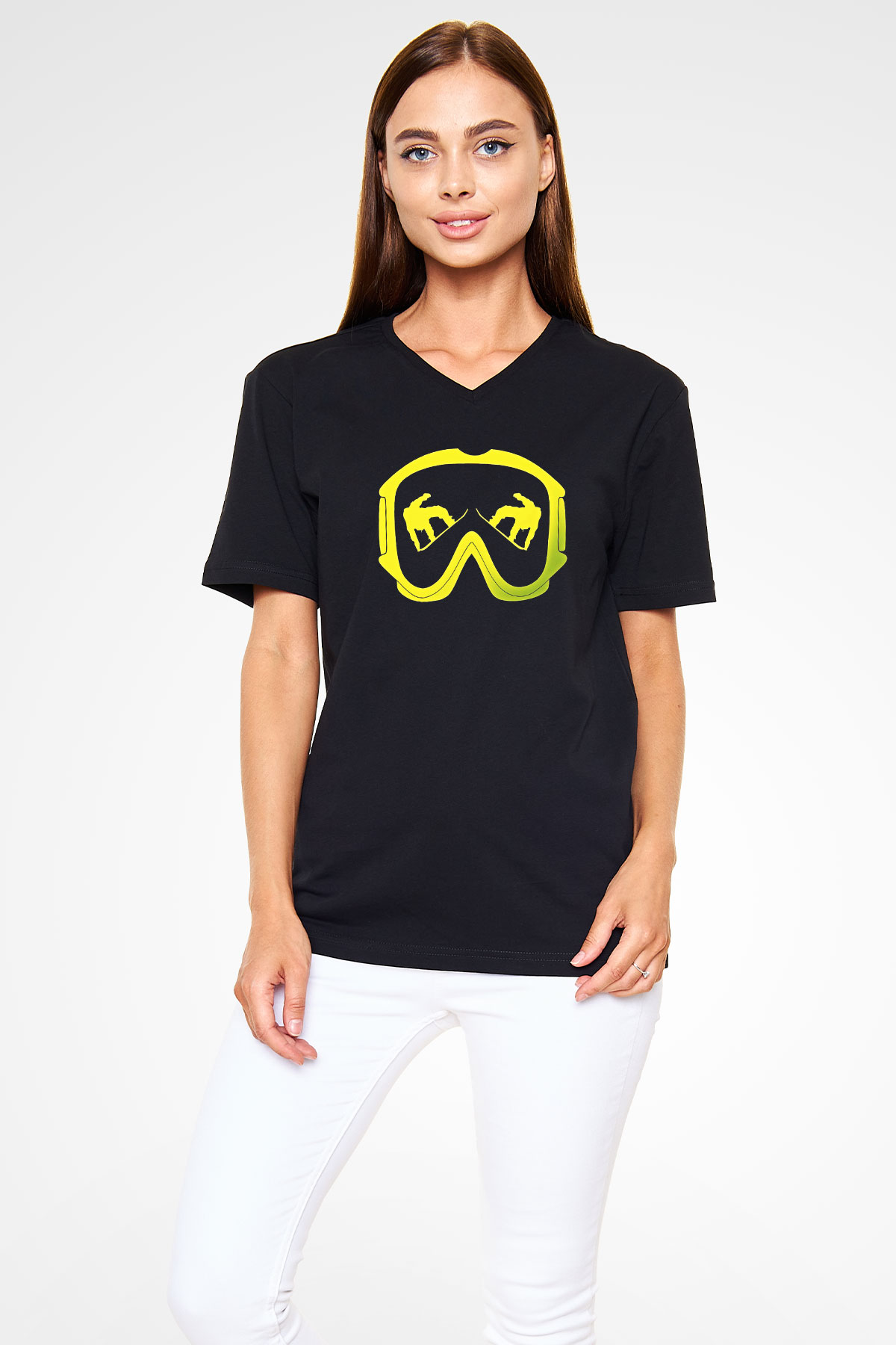 Snowboarding Baskılı Unisex Siyah V Yaka Tişört