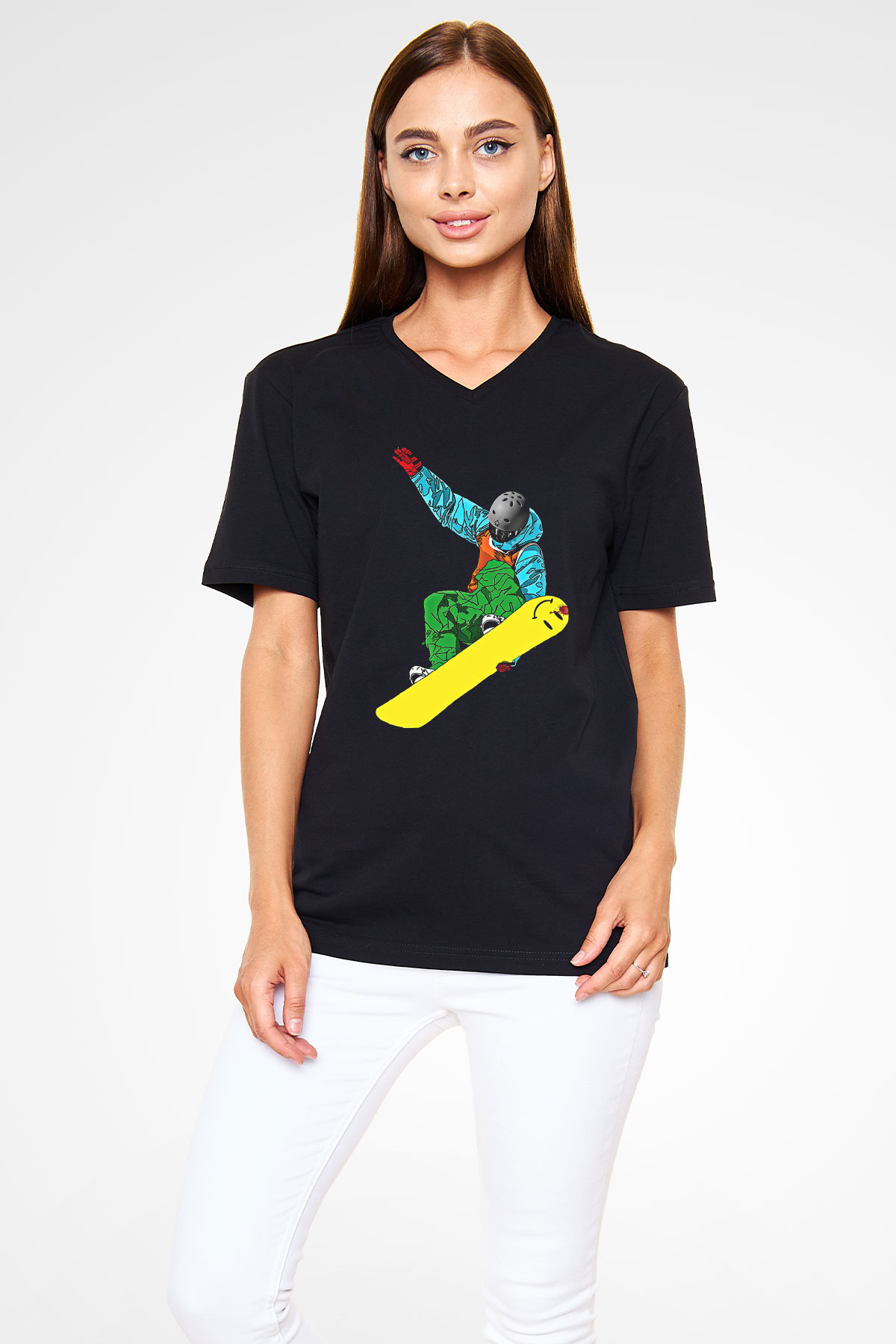 Snowboarding Baskılı Unisex Siyah V Yaka Tişört