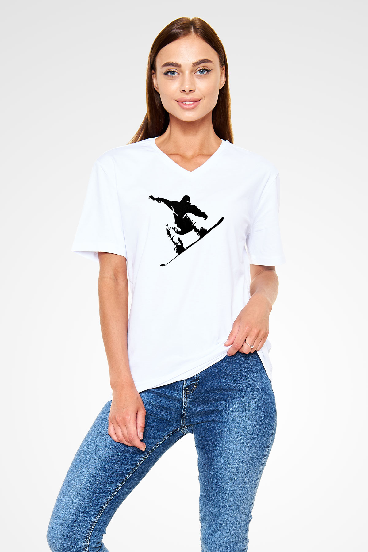 Snowboarding Baskılı Unisex V Yaka Tişört - Tshirt