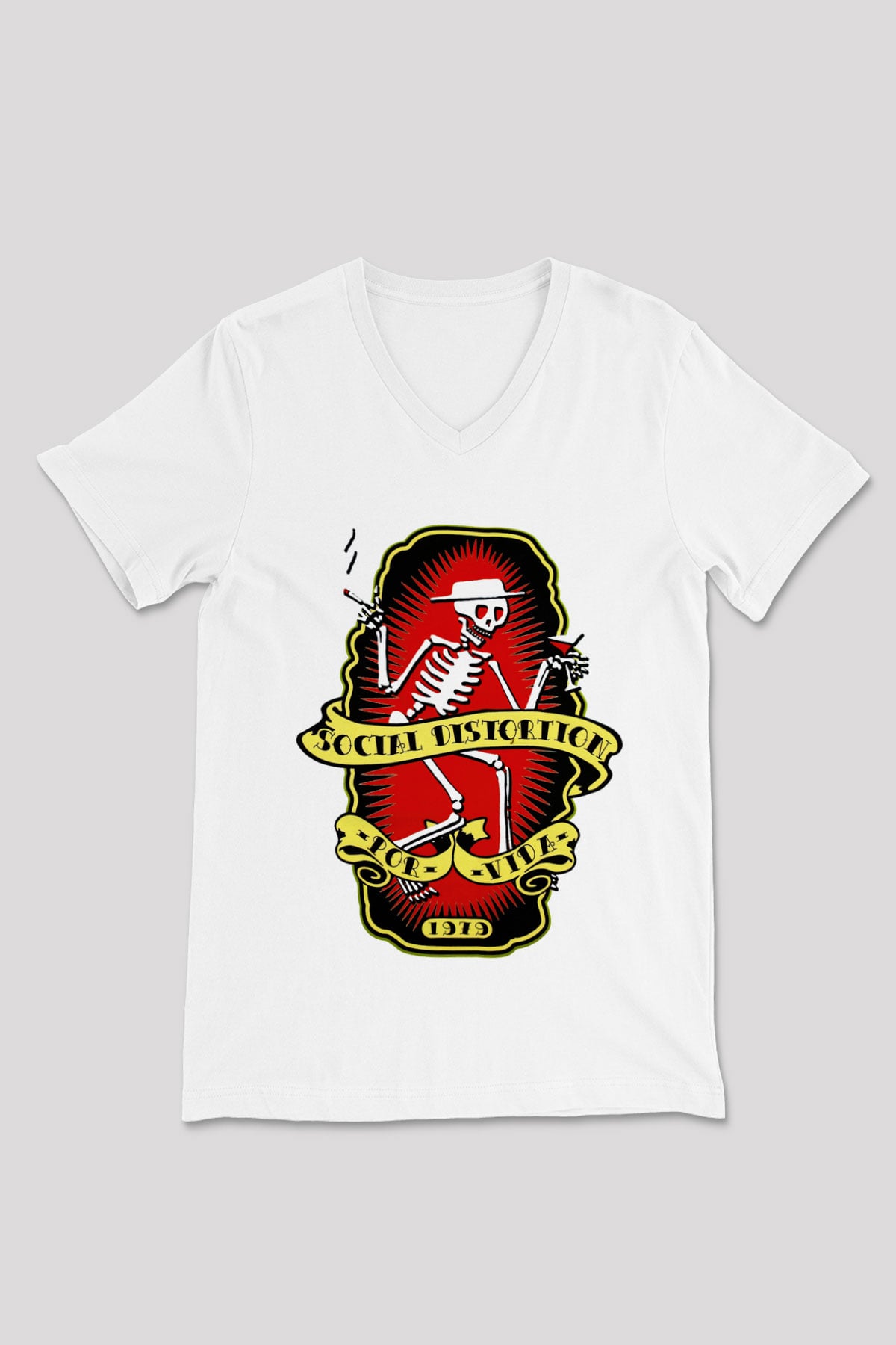 Social Distortion Beyaz Unisex V Yaka Tişört T-Shirt - V Yaka Tişört Fabrikası