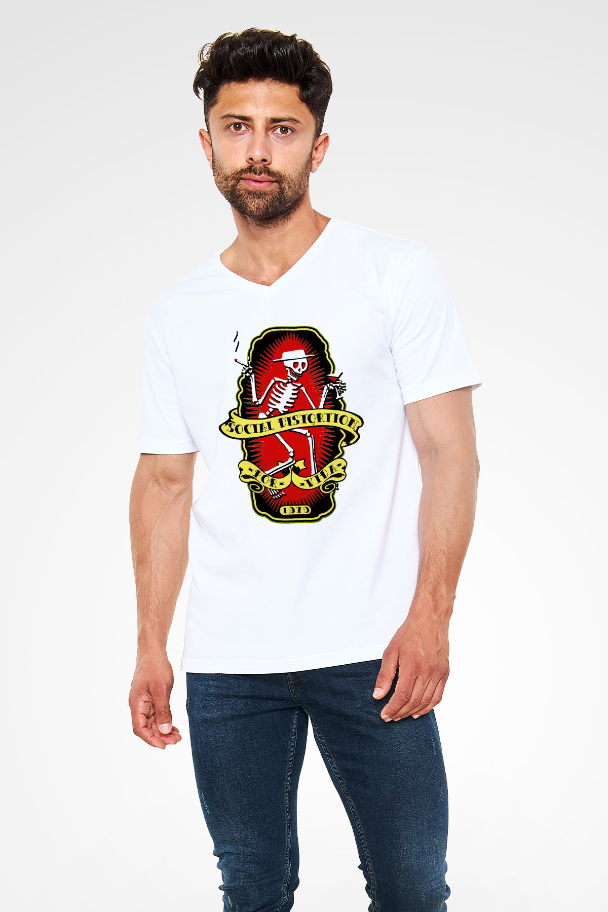 Social Distortion Beyaz Unisex V Yaka Tişört T-Shirt - V Yaka Tişört Fabrikası