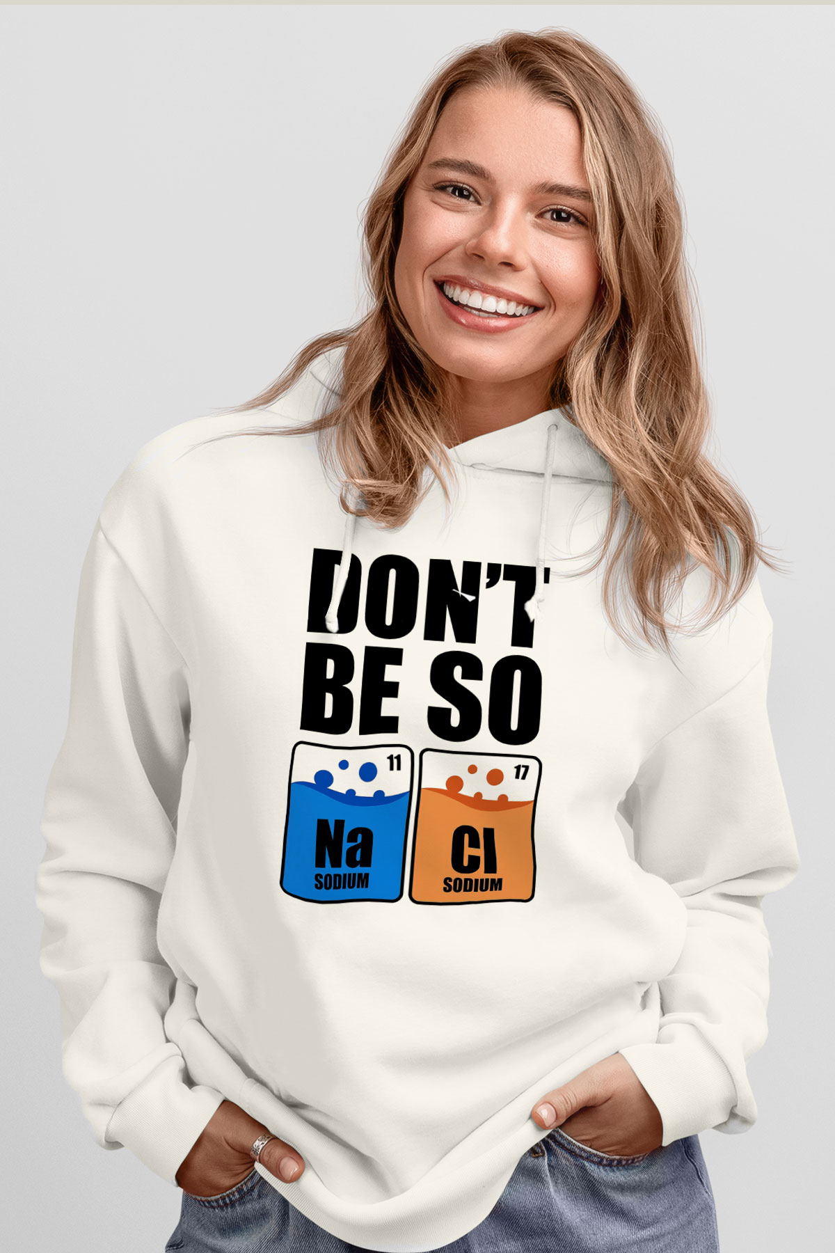 Sodyum Klor Baskılı Unisex Ekru Hoodie