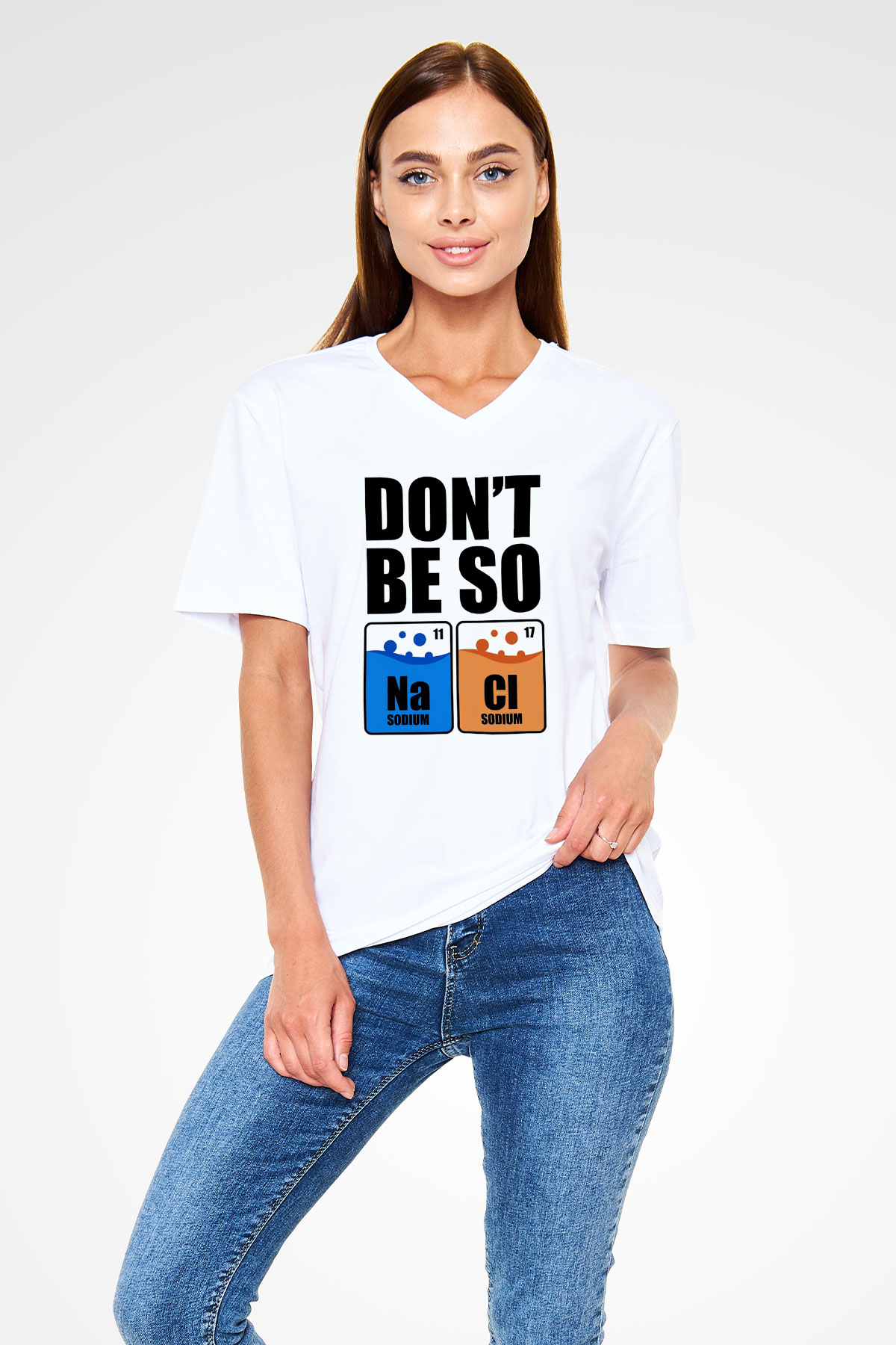 Sodyum Klor Baskılı Unisex V Yaka Beyaz Tişört - Tshirt