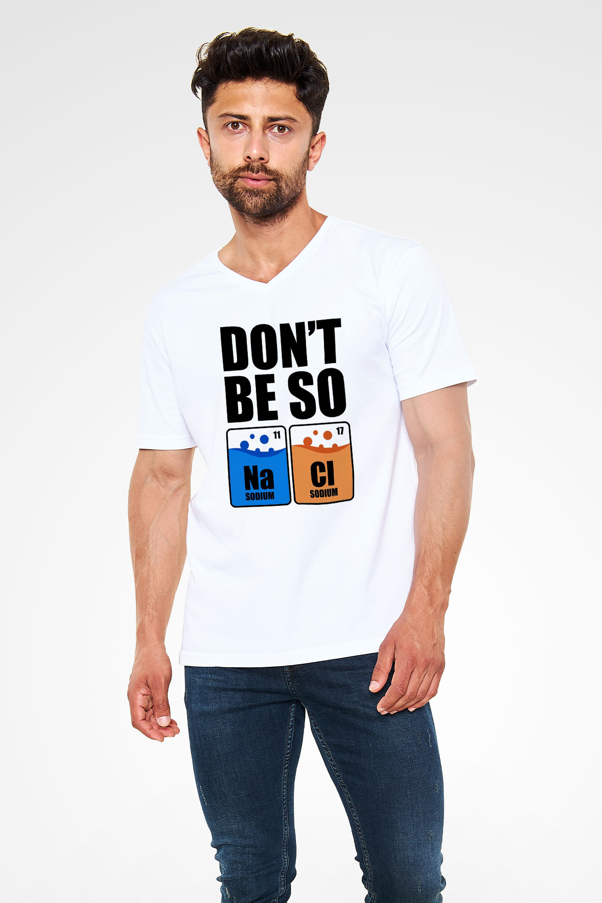 Sodyum Klor Baskılı Unisex V Yaka Beyaz Tişört - Tshirt