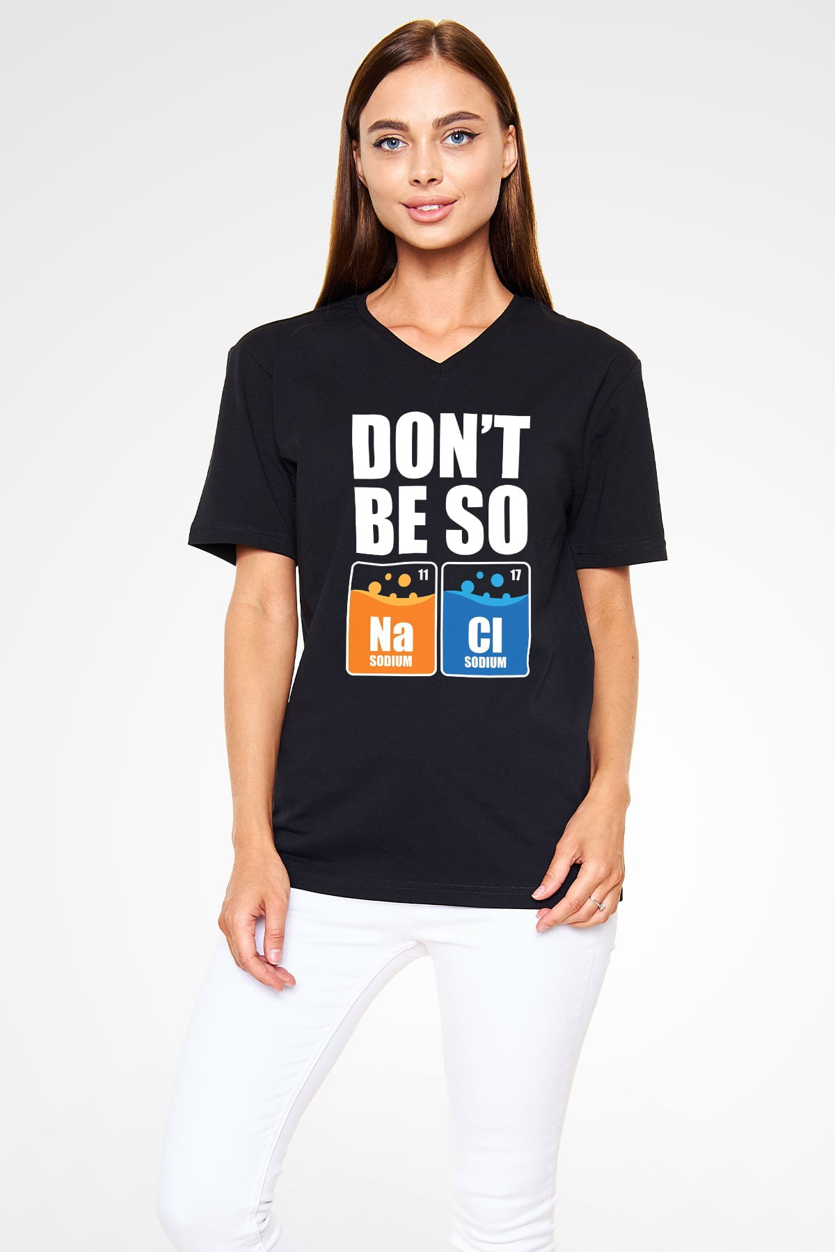 Sodyum Klor Baskılı Unisex V Yaka Siyah Tİşört - Tshirt