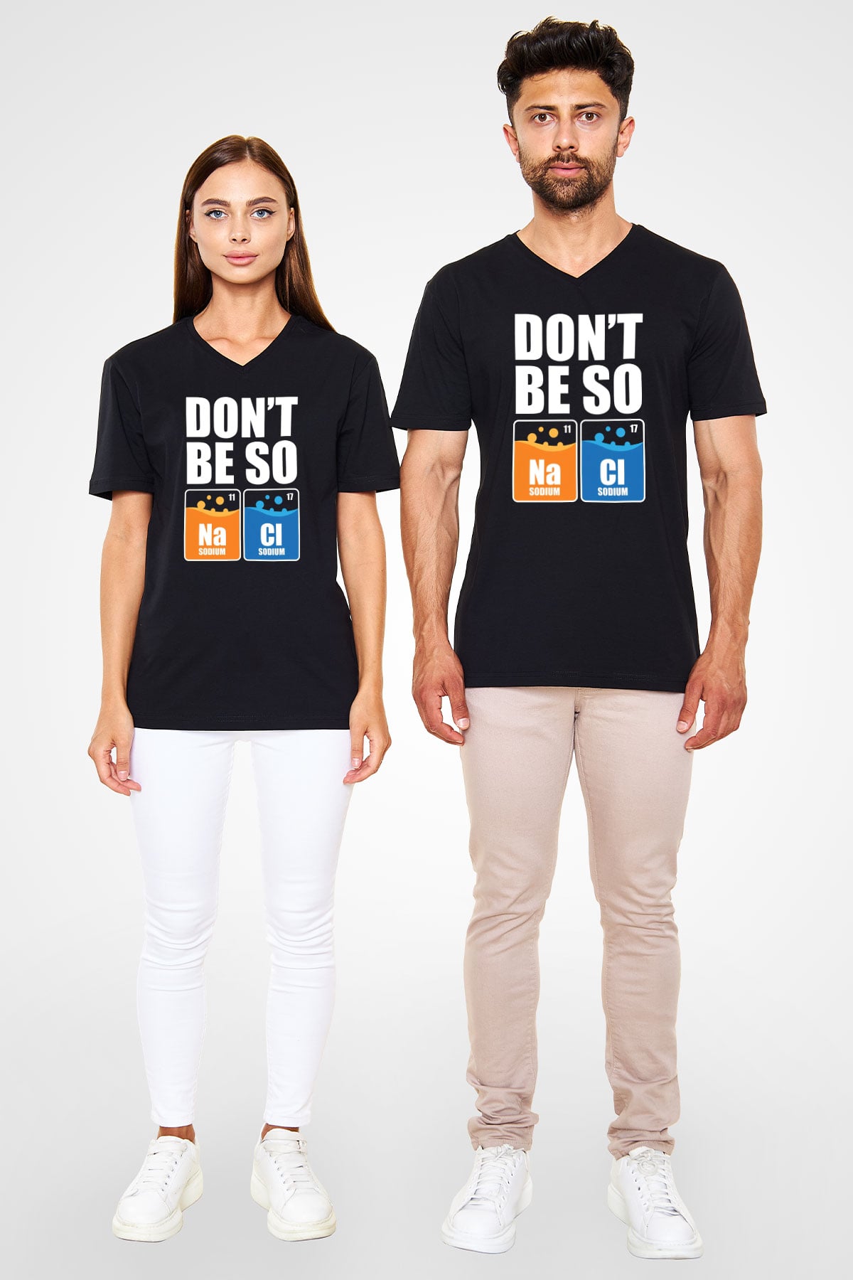 Sodyum Klor Baskılı Unisex V Yaka Siyah Tİşört - Tshirt