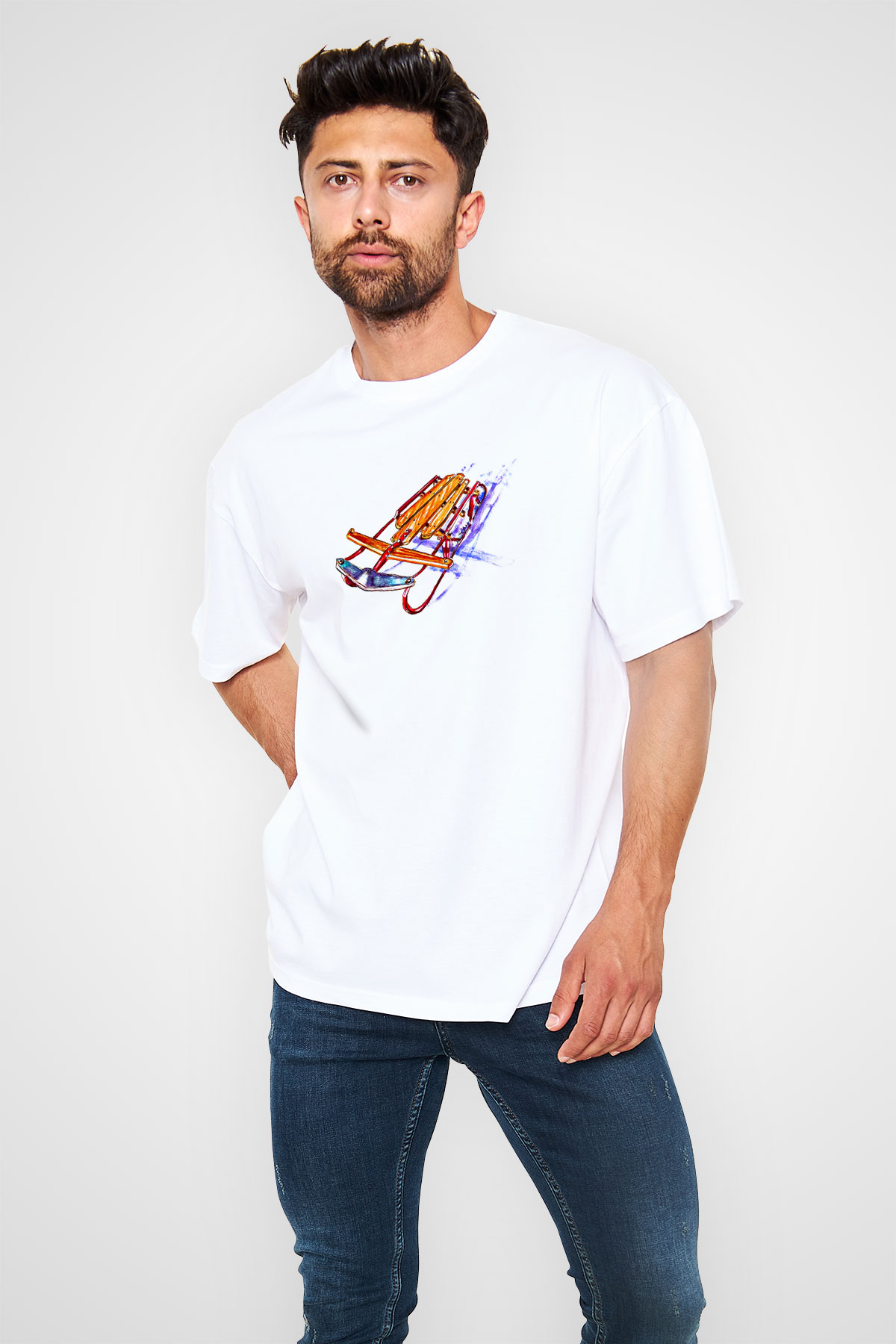 Sokak Kızağı Baskılı Unisex Beyaz Oversize Tişört - Tshirt