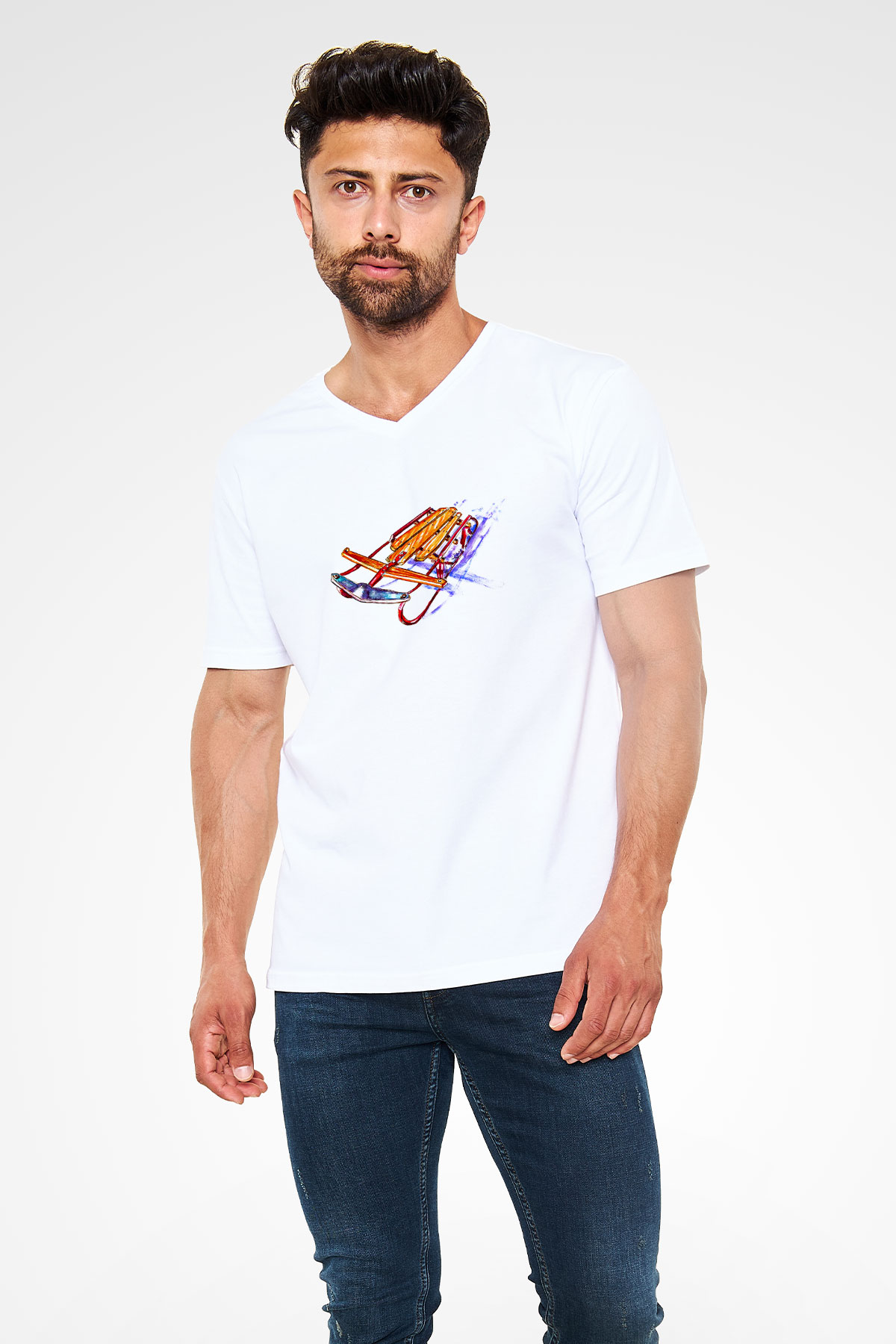 Sokak Kızağı Baskılı Unisex V Yaka Tişört - Tshirt