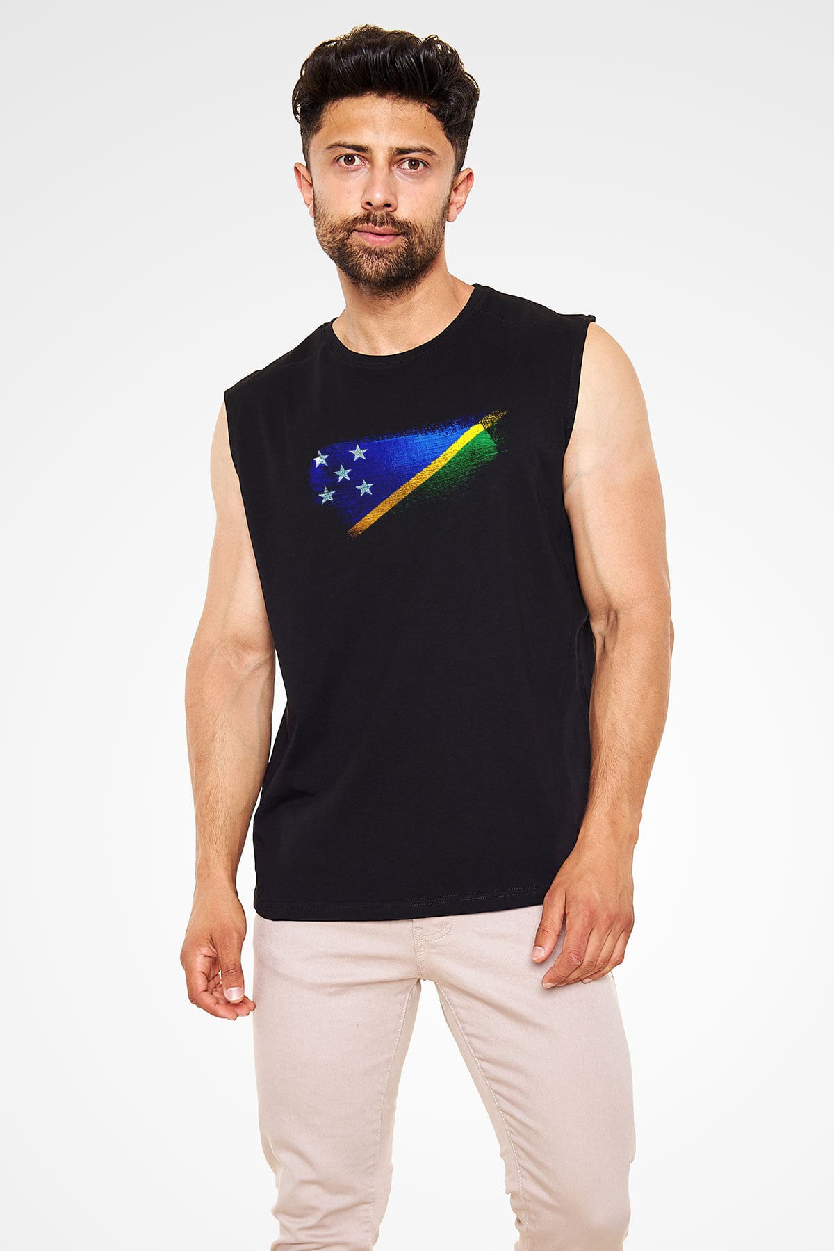 Solomon Adaları - Solomon İslands Bayrağı Baskılı Unisex Siyah Kolsuz Tişört