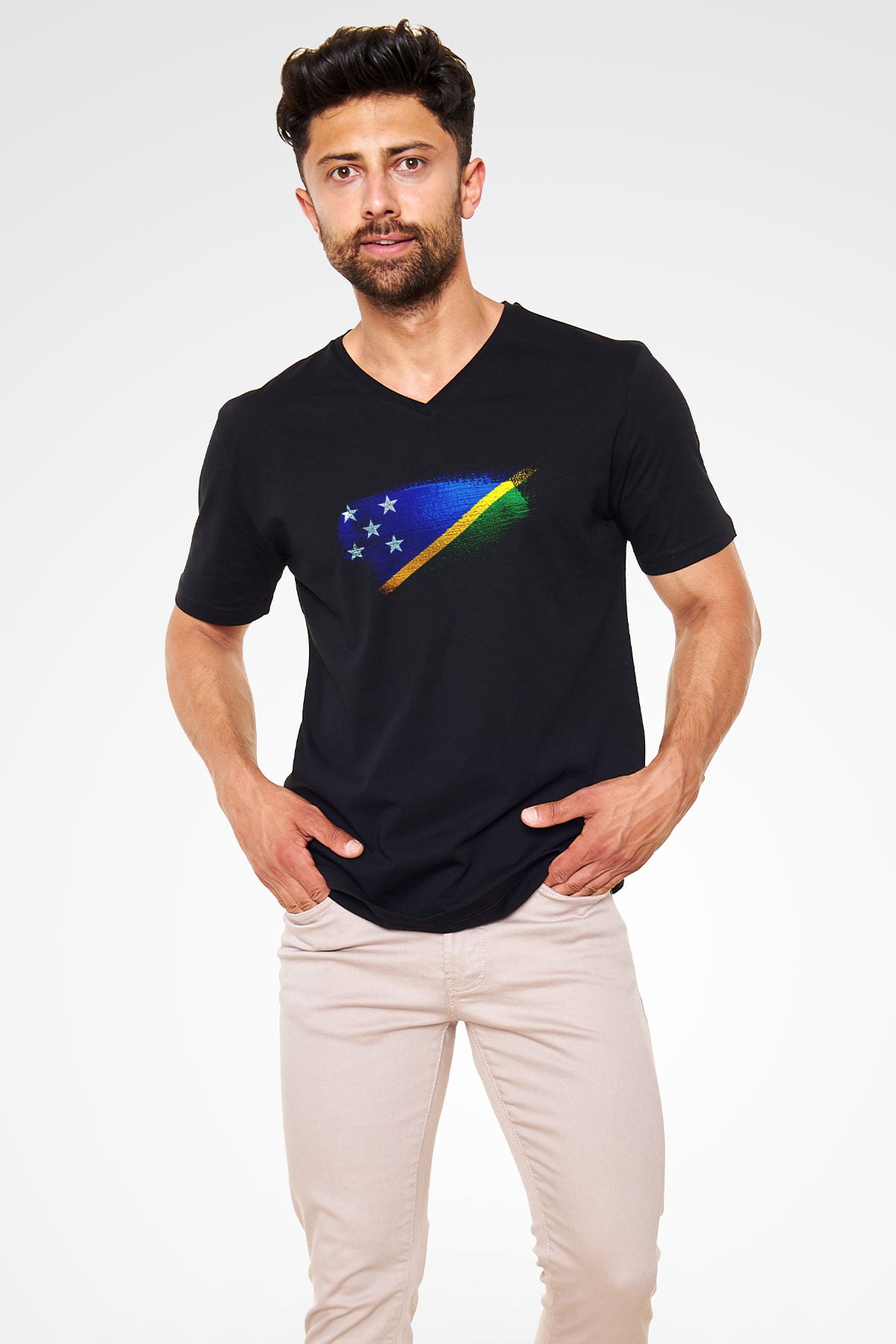 Solomon Adaları - Solomon İslands Bayrağı Baskılı Unisex Siyah V Yaka Tişört