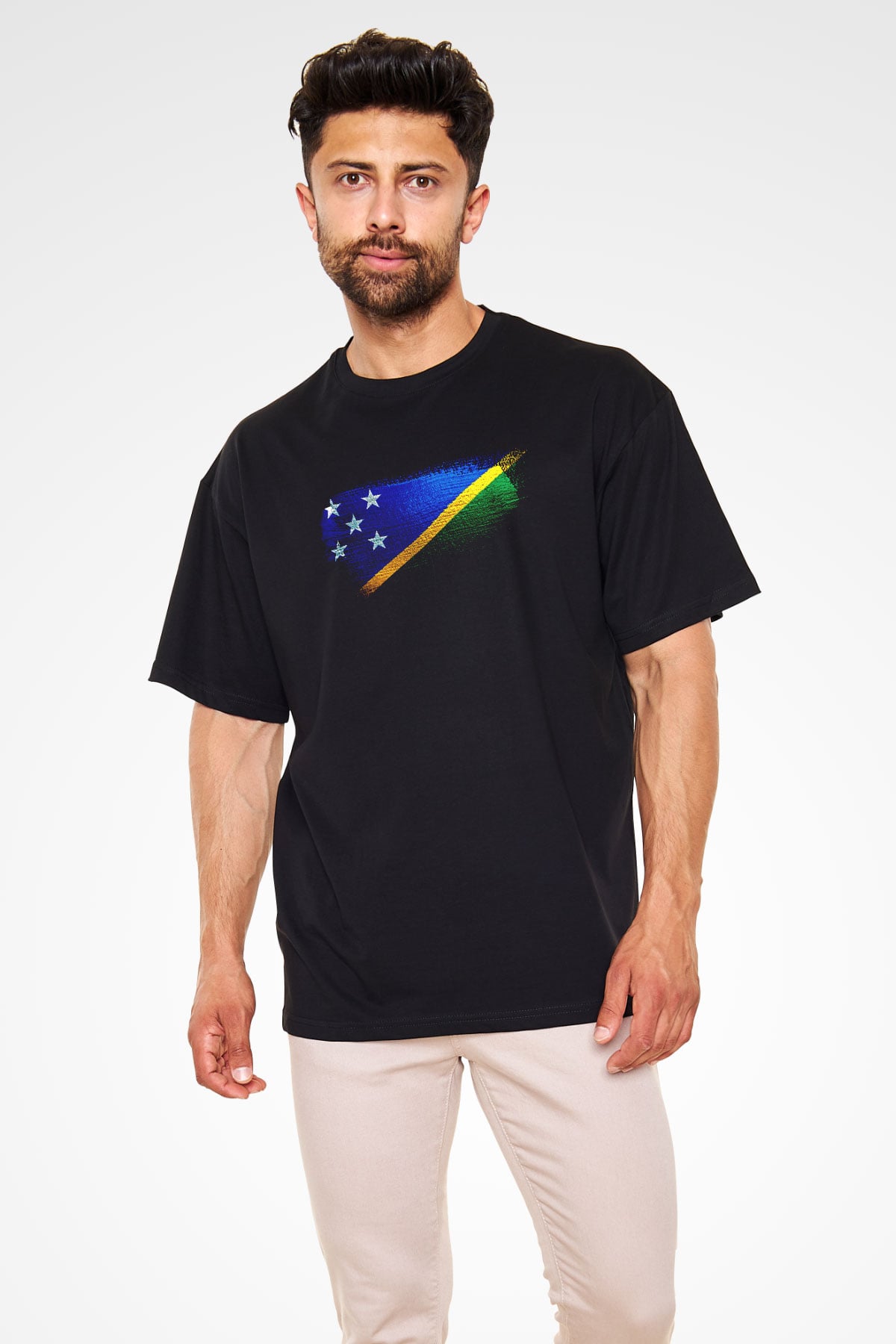 Solomon Adaları - Solomon İslands Bayrağı Baskılı Unisex Siyah Oversize Tişört