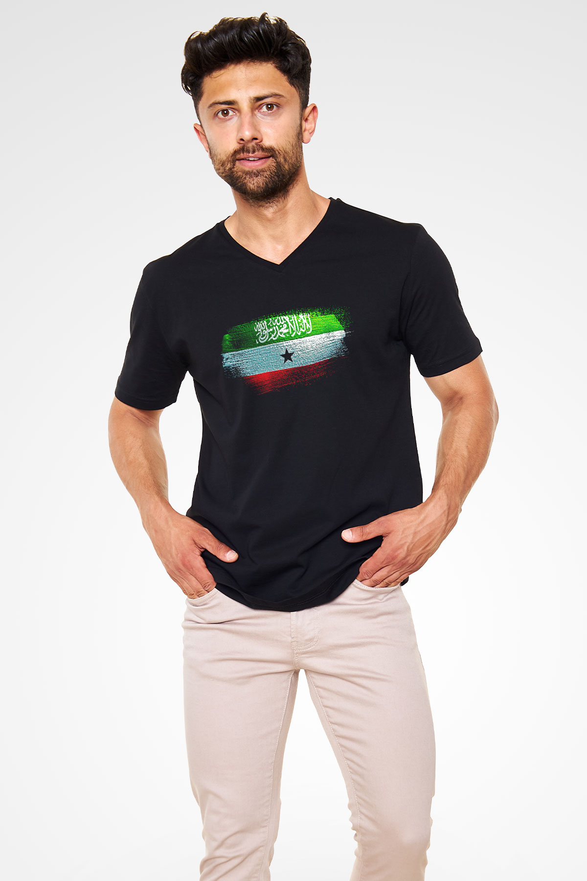 Somaliland Bayrağı Baskılı Unisex Siyah V Yaka Tişört