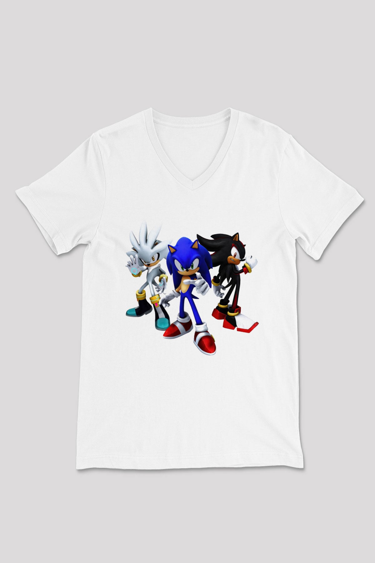 Sonic the Hedgehog Beyaz Unisex V Yaka Tişört