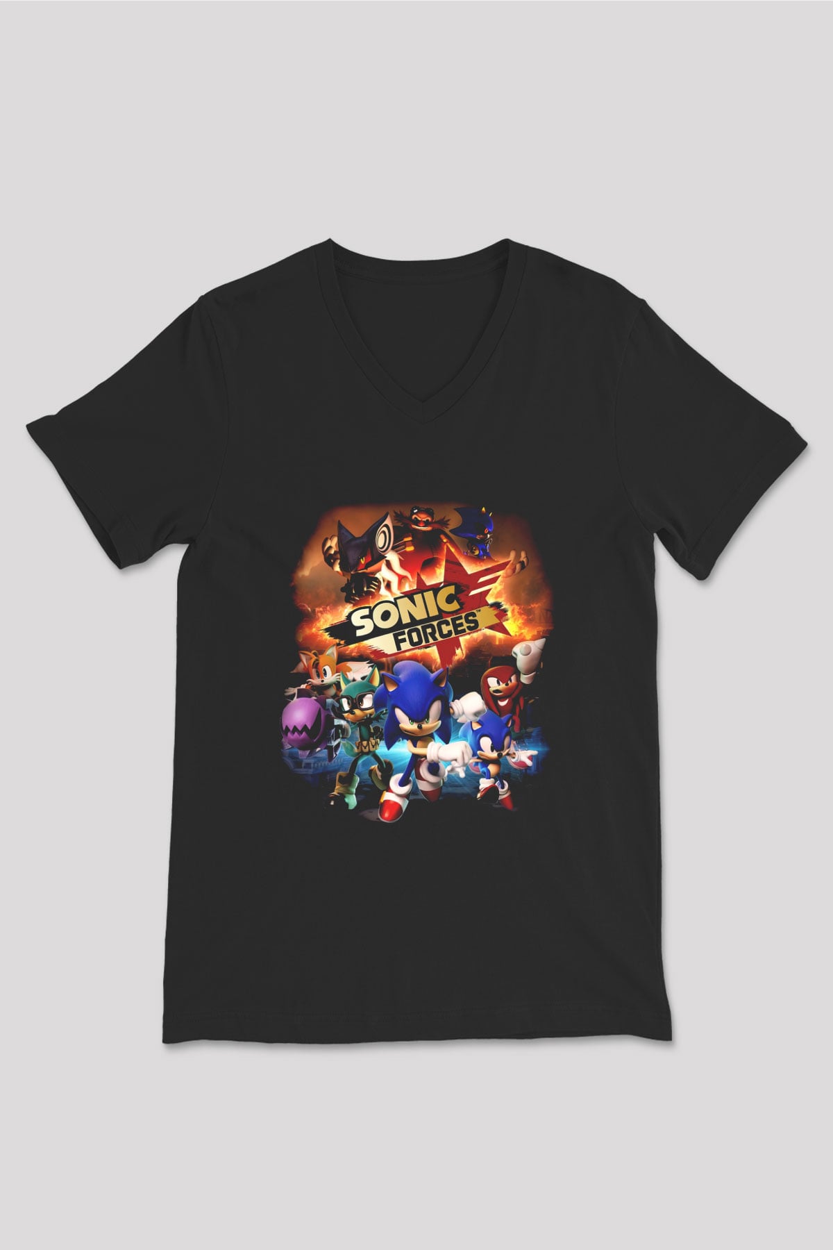 Sonic the Hedgehog Siyah Unisex V Yaka Tişört