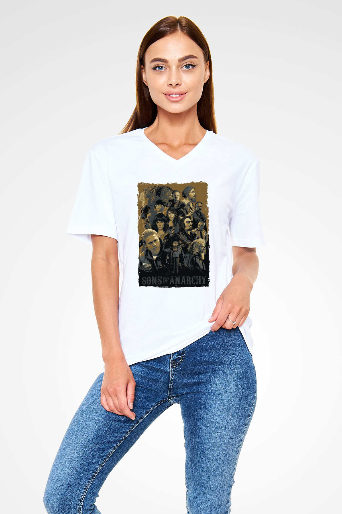 Sons of Anarchy Beyaz Unisex V Yaka Tişört