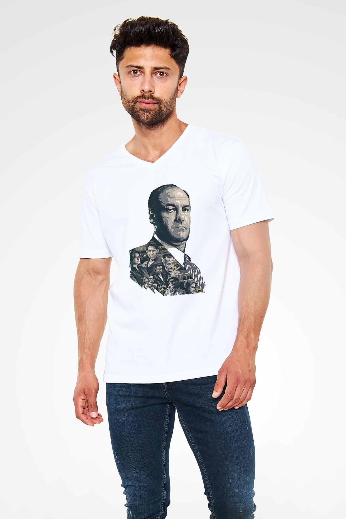 Sopranos Baskılı Beyaz Unisex V Yaka Tişört - Tshirt