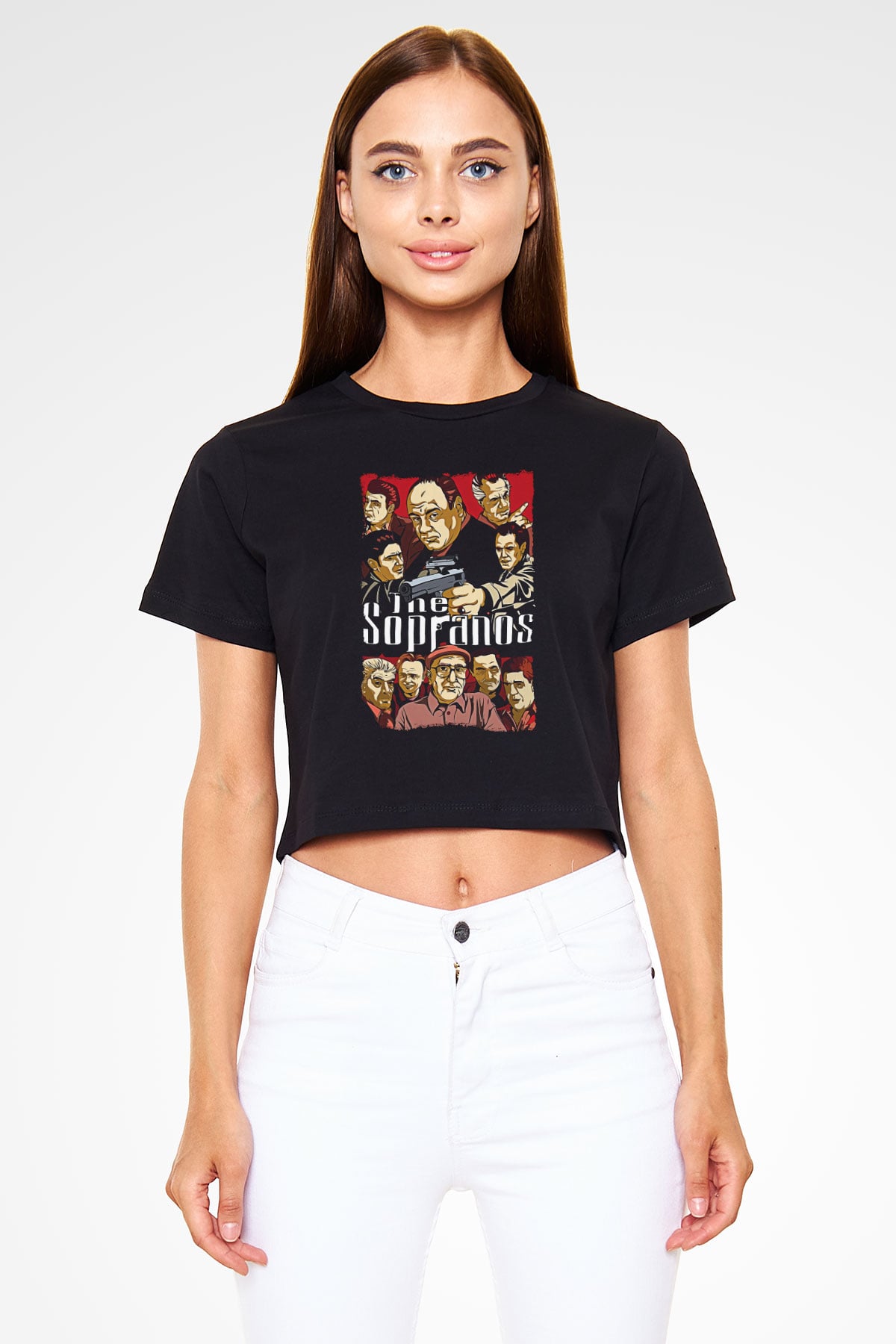 Sopranos Baskılı Siyah Crop Top Kadın Tişört - Tshirt