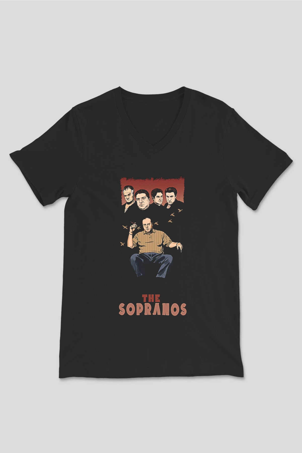 Sopranos Baskılı Unisex Siyah V Yaka Tişört - Tshirt