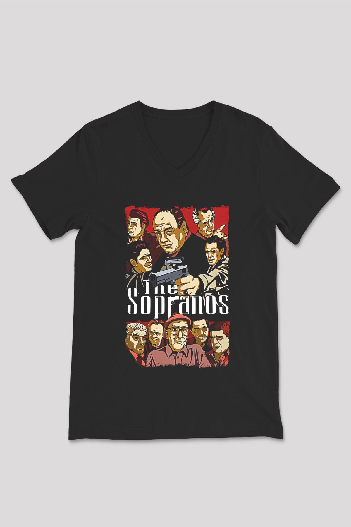 Sopranos Baskılı Unisex Siyah V Yaka Tişört - Tshirt