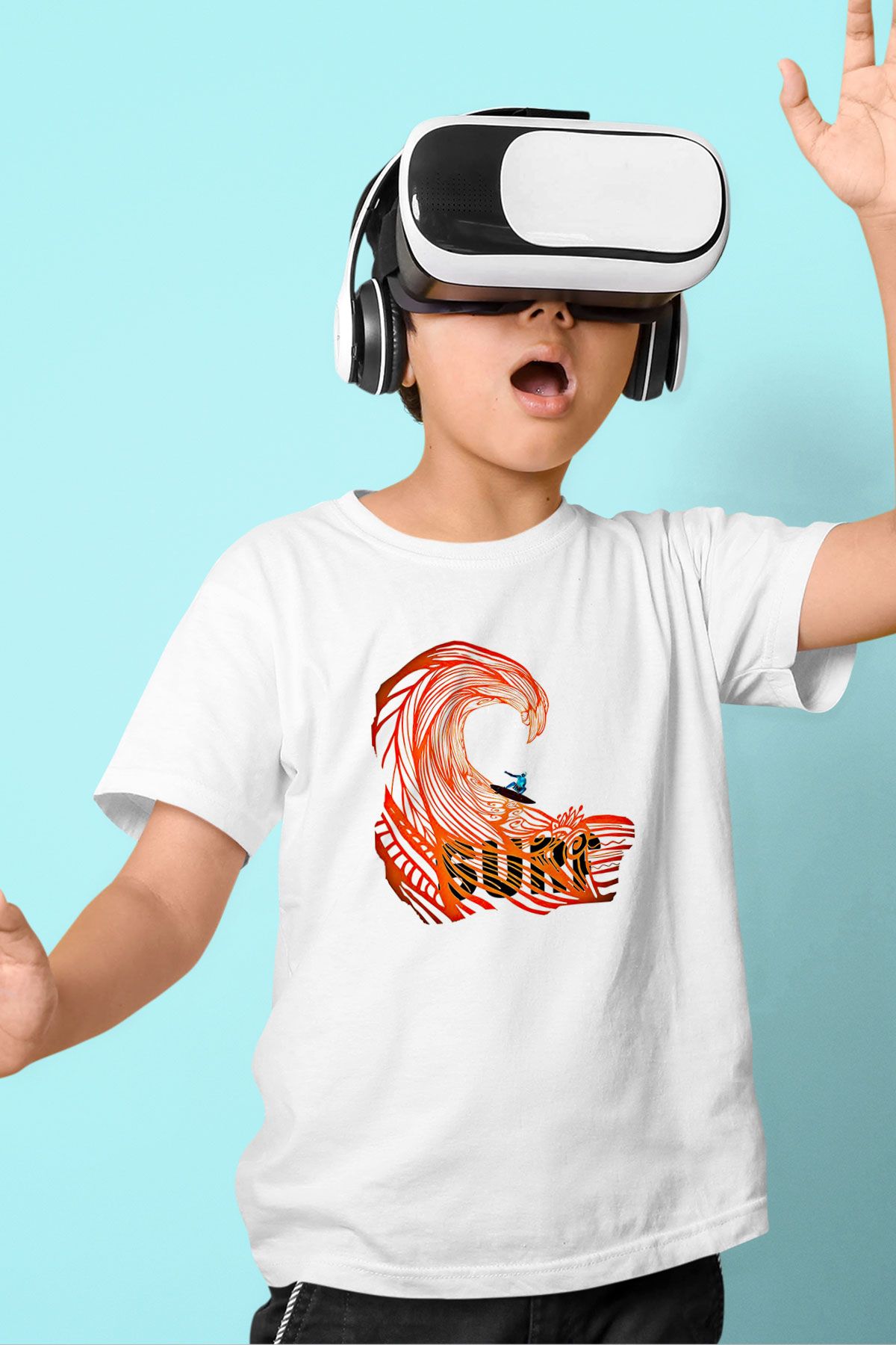 Sörf Baskılı Unisex Beyaz Çocuk Tişört - Tshirt