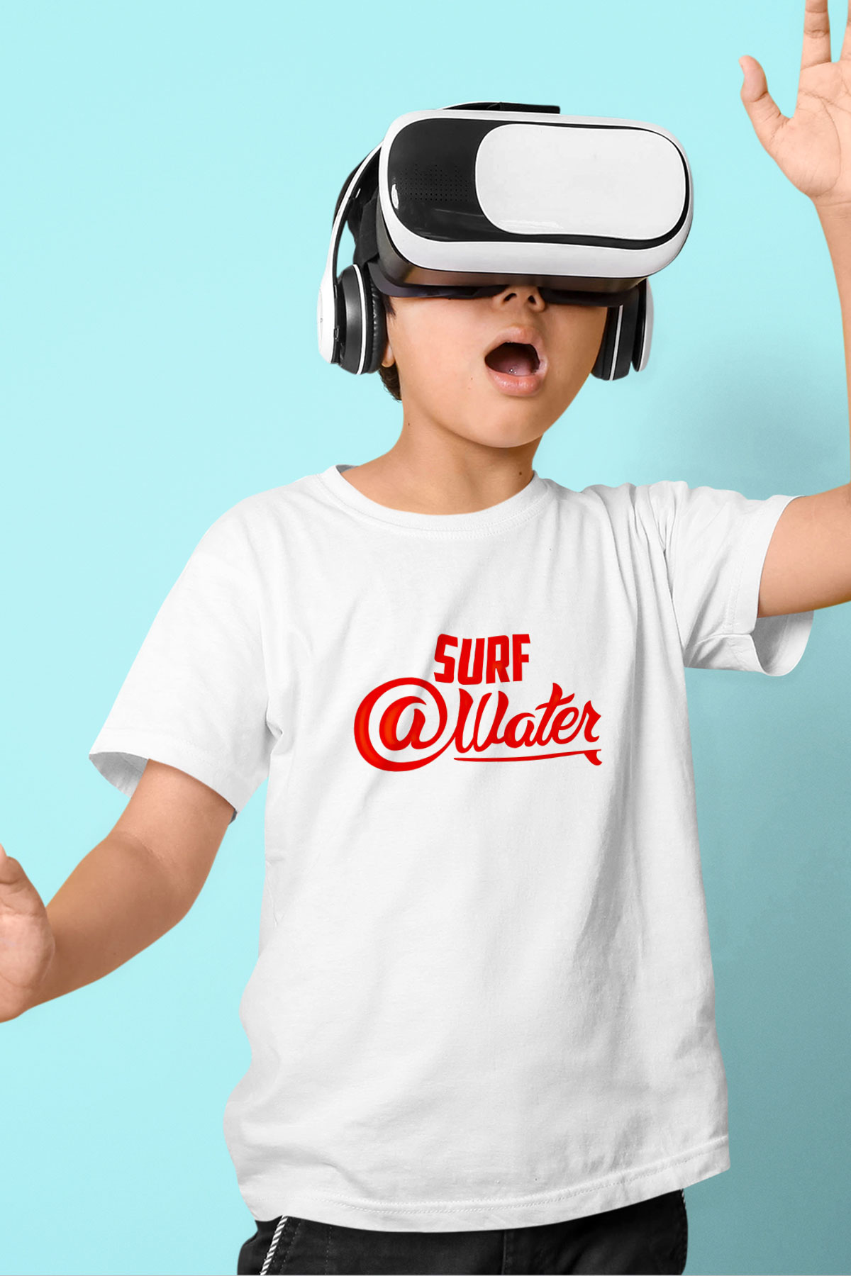 Sörf Baskılı Unisex Beyaz Çocuk Tişört - Tshirt