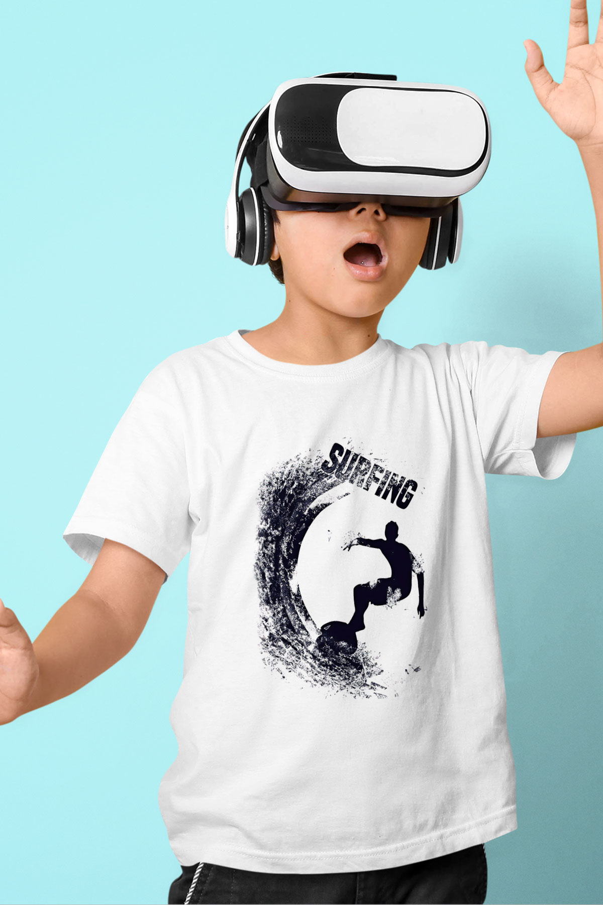 Sörf Baskılı Unisex Beyaz Çocuk Tişört - Tshirt