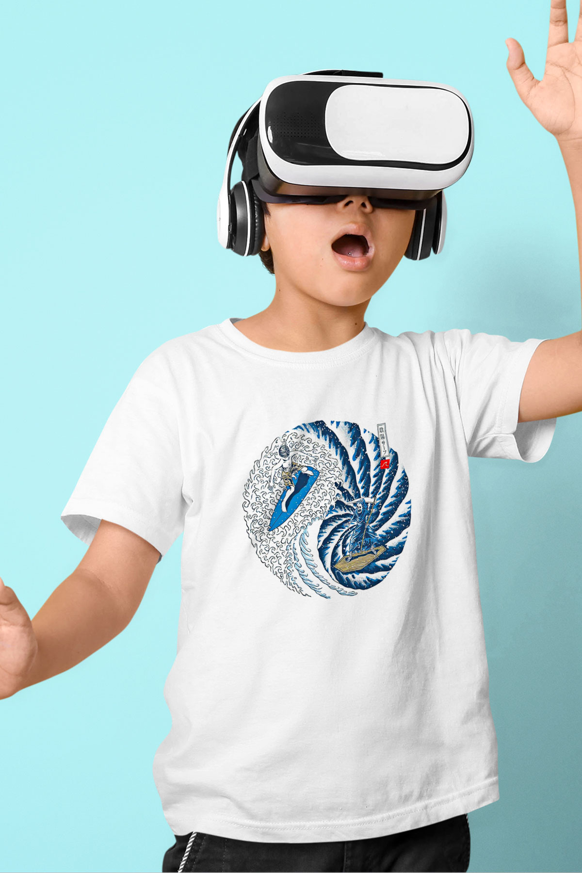 Sörf Baskılı Unisex Beyaz Çocuk Tişört - Tshirt